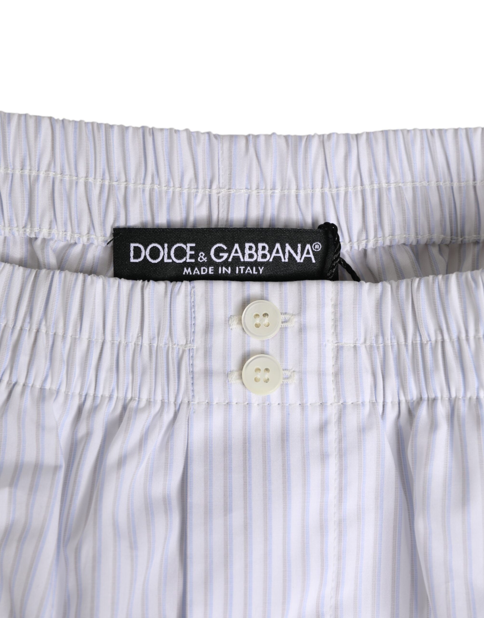 Dolce & Gabbana Weiß-Blau Gestreifte Baumwoll-Shorts mit Knopfleiste Badebekleidung