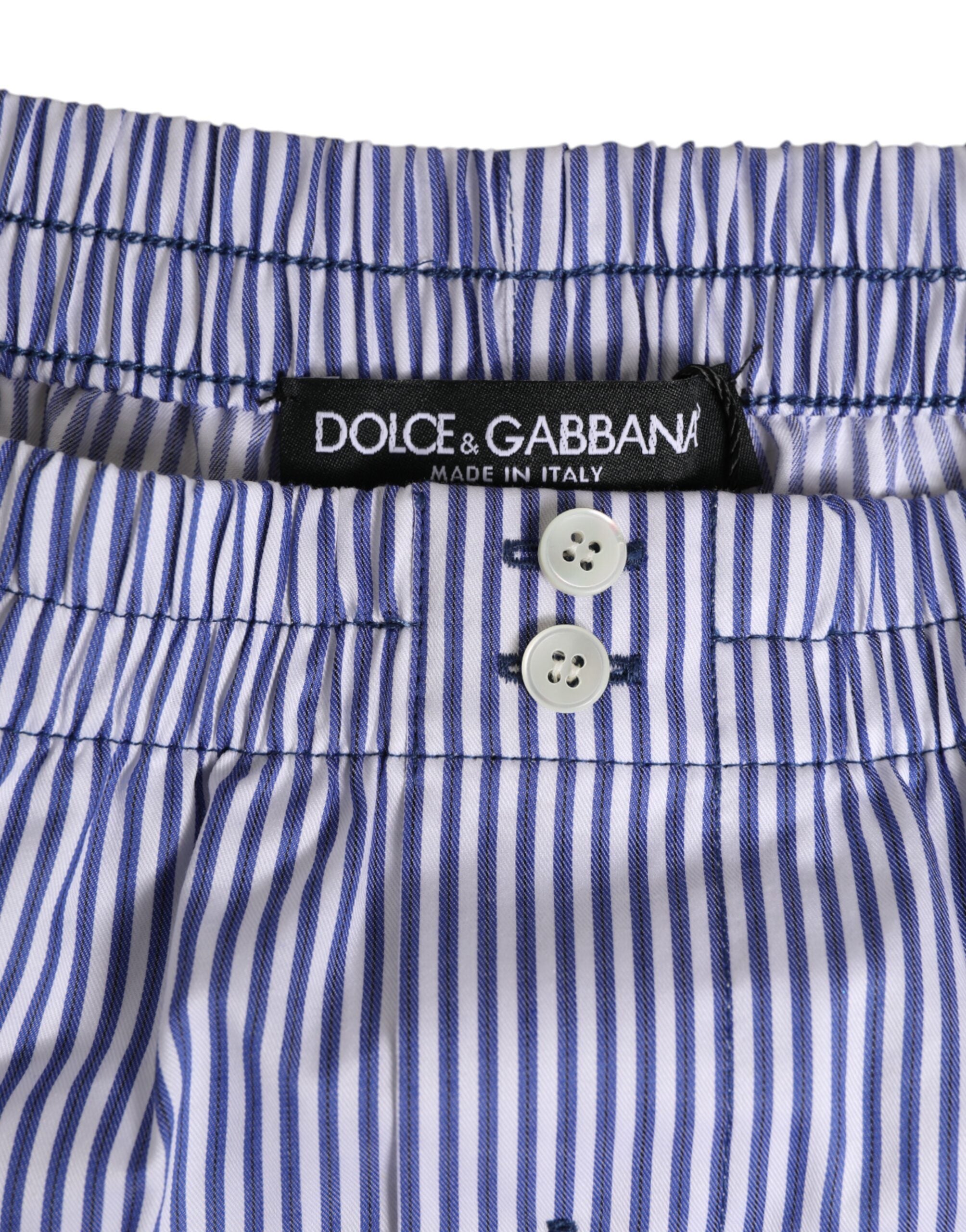 Dolce & Gabbana Blau-weiß gestreifte Baumwoll-Shorts mit Fliege und Knopfleiste Bademode