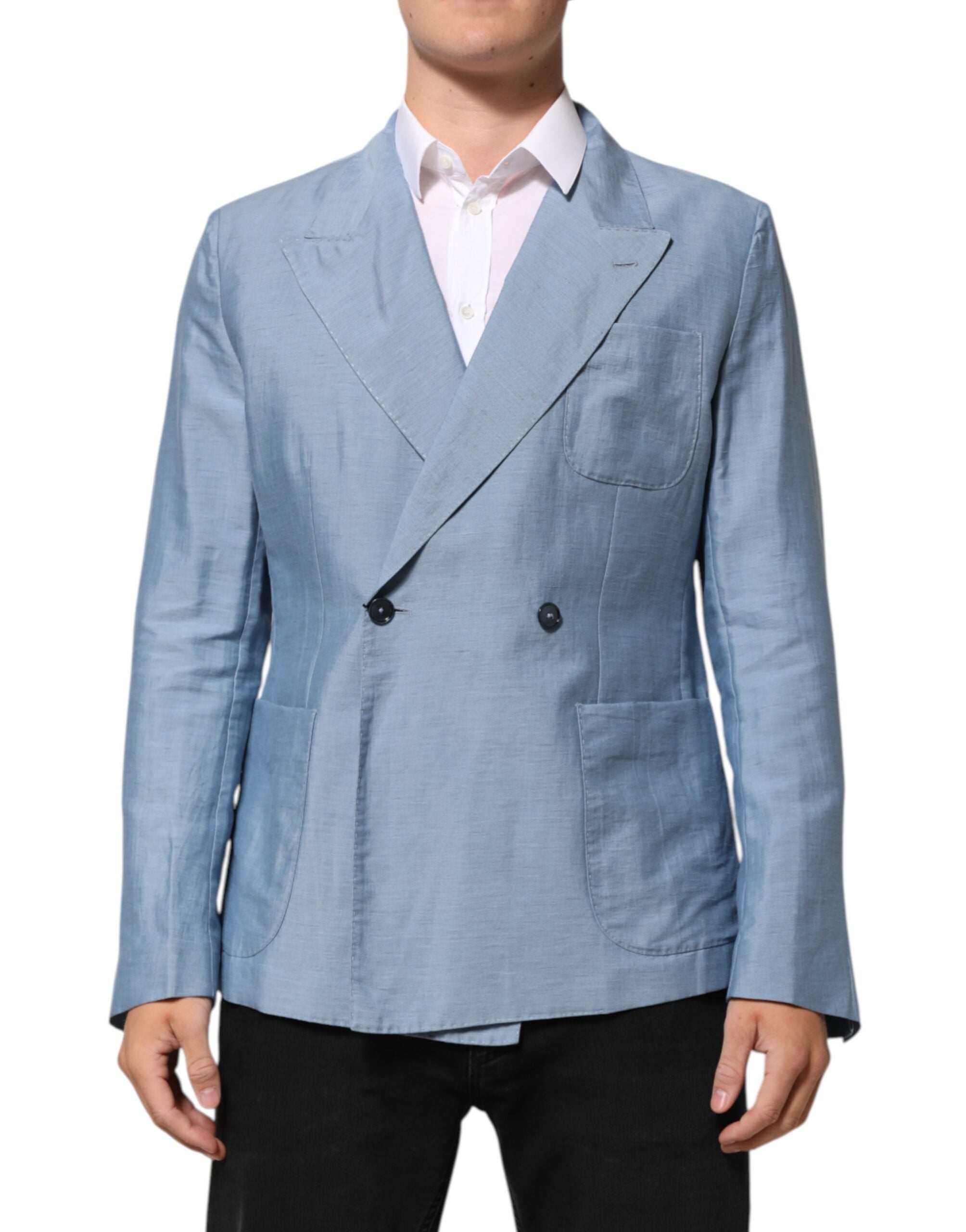 Dolce & Gabbana Hellblaue Leinen Doppelreihige Herrenjacke Blazer