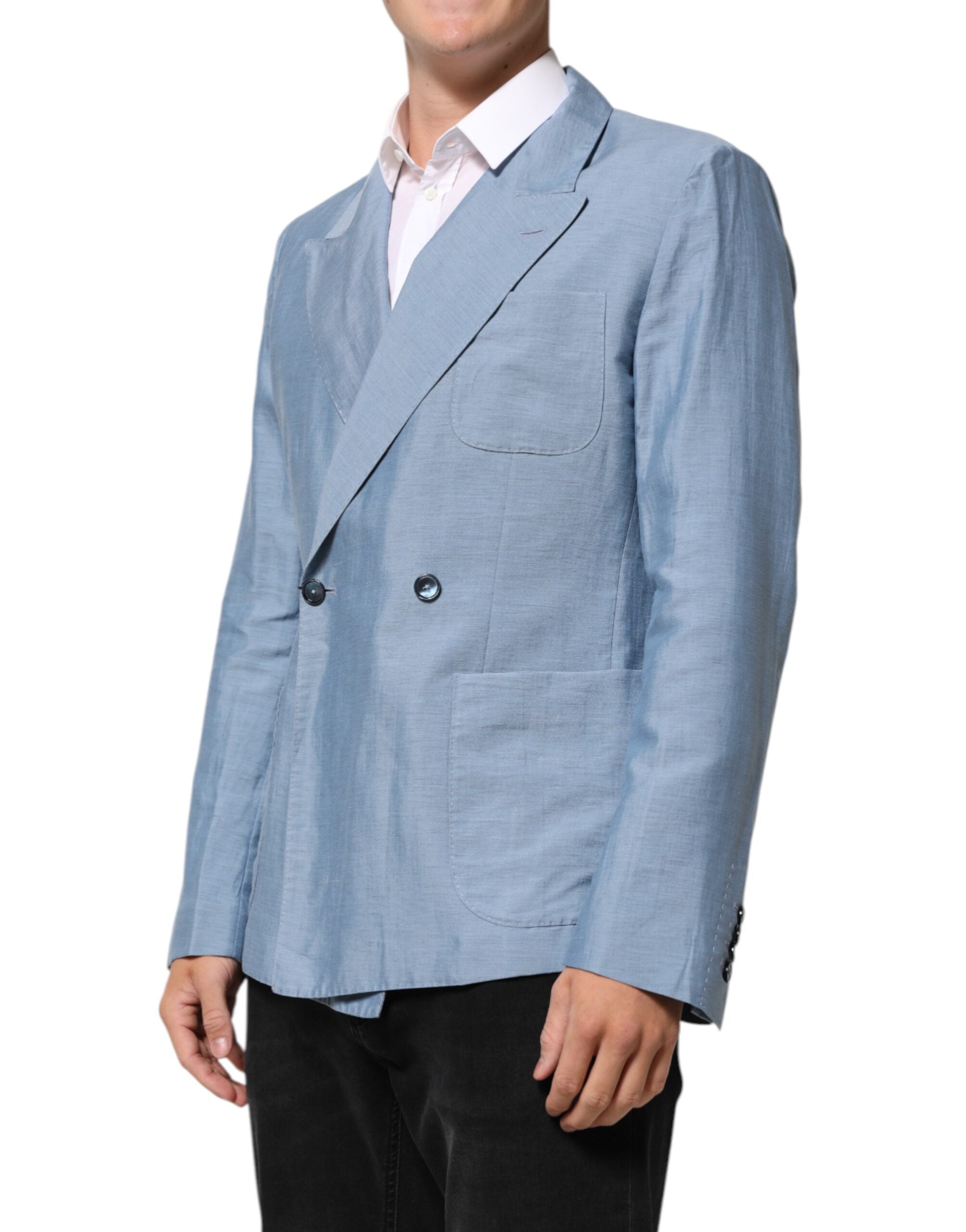 Dolce & Gabbana Hellblaue Leinen Doppelreihige Herrenjacke Blazer