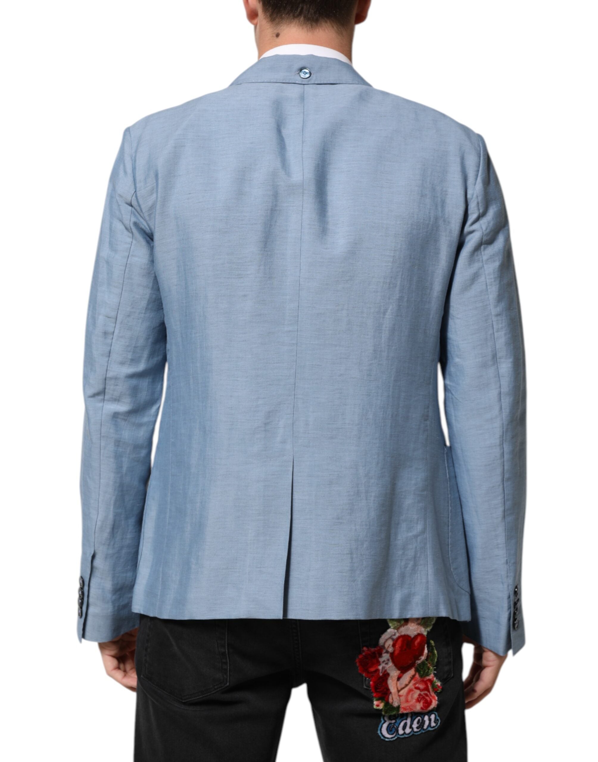 Dolce & Gabbana Hellblaue Leinen Doppelreihige Herrenjacke Blazer