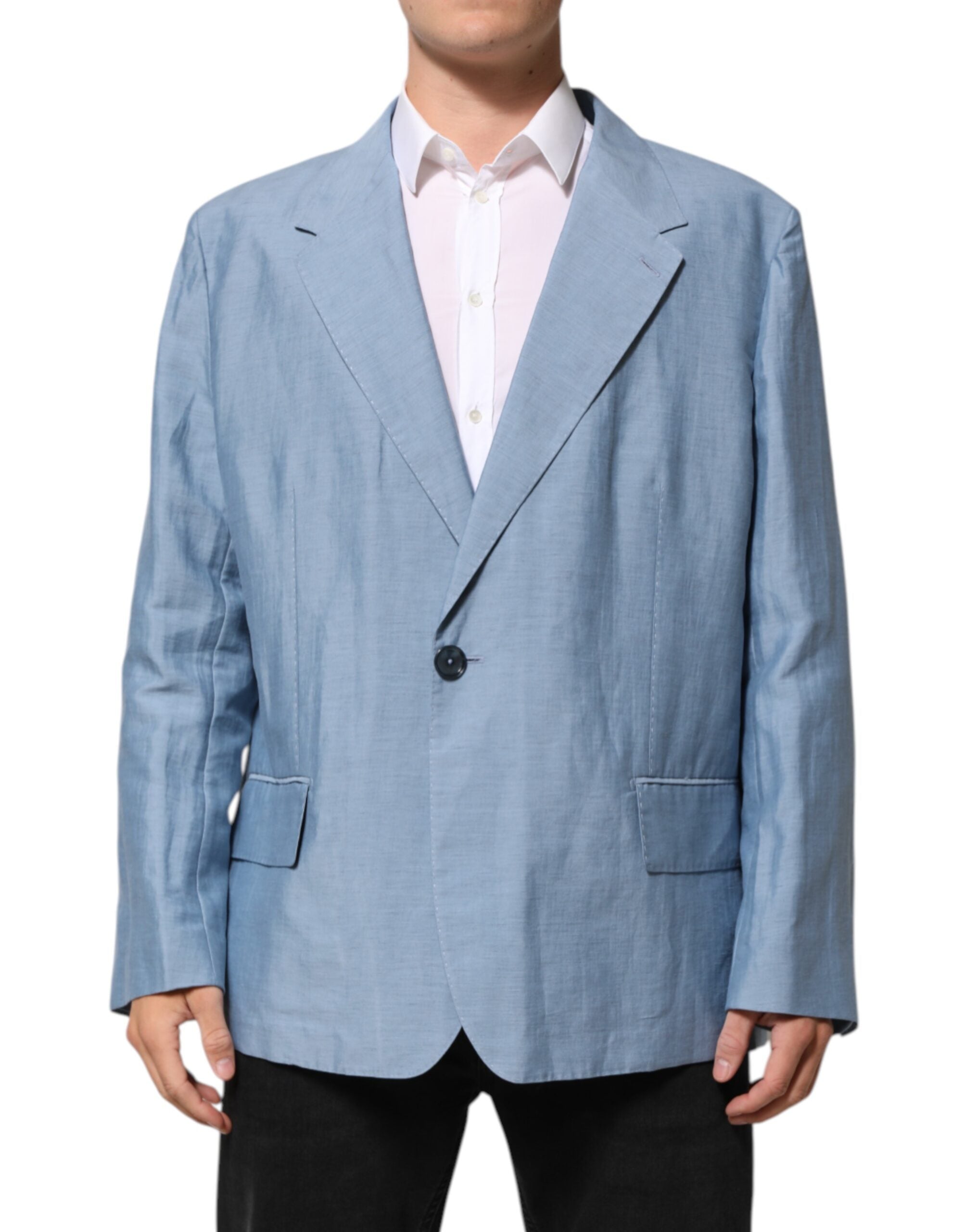 Dolce & Gabbana Hellblaue Leinen Doppelreiher Herrenjacke Blazer