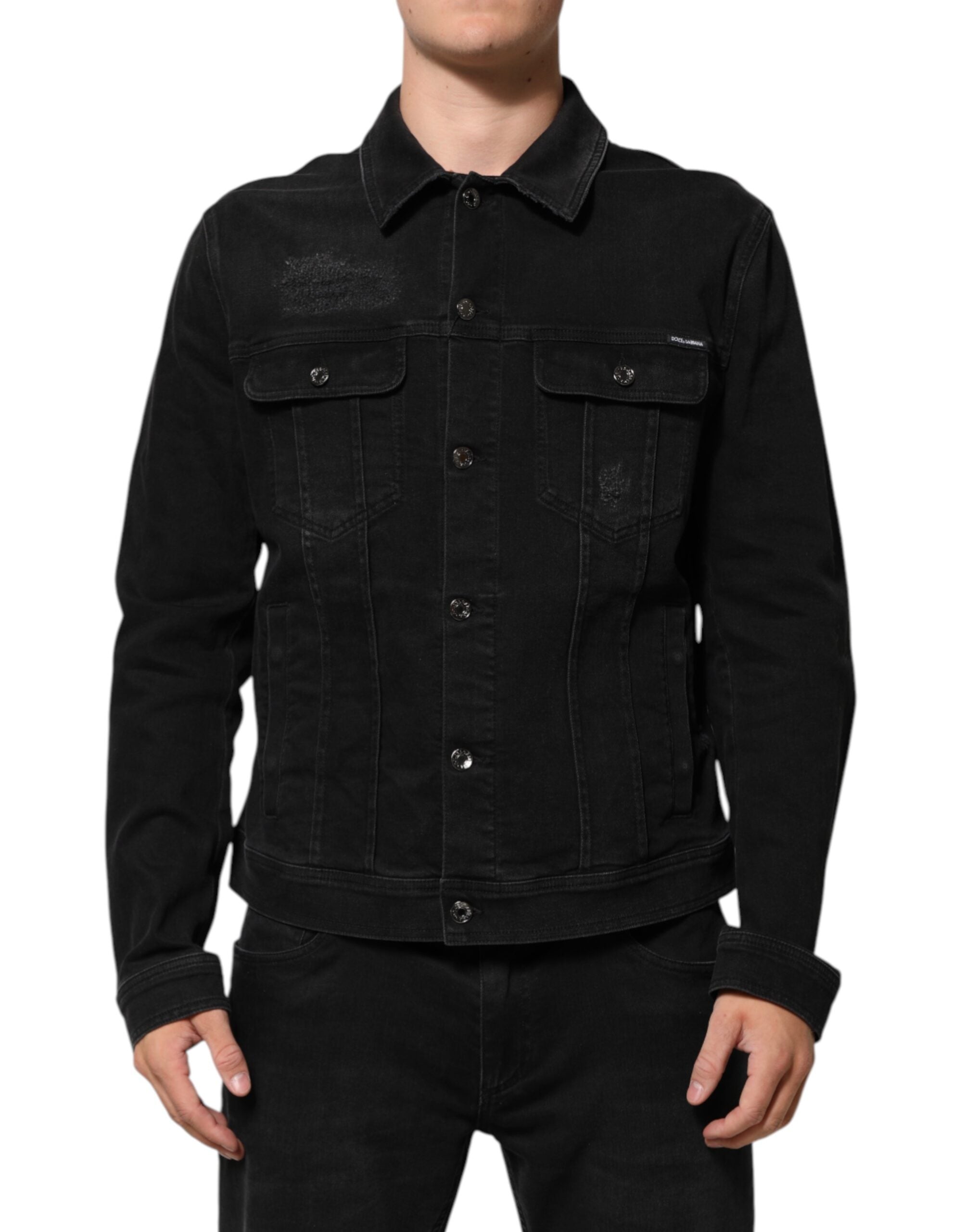 Dolce & Gabbana Schwarze Baumwoll-Denim-Stretchjacke mit Knopfleiste