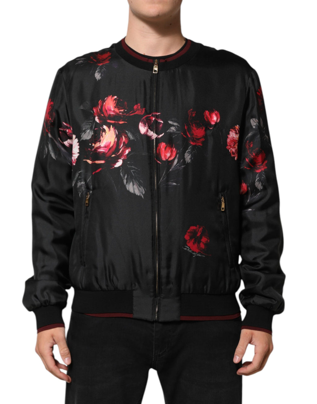 Dolce & Gabbana Schwarz-rot geblümte Seidenbomber-Blouson-Jacke