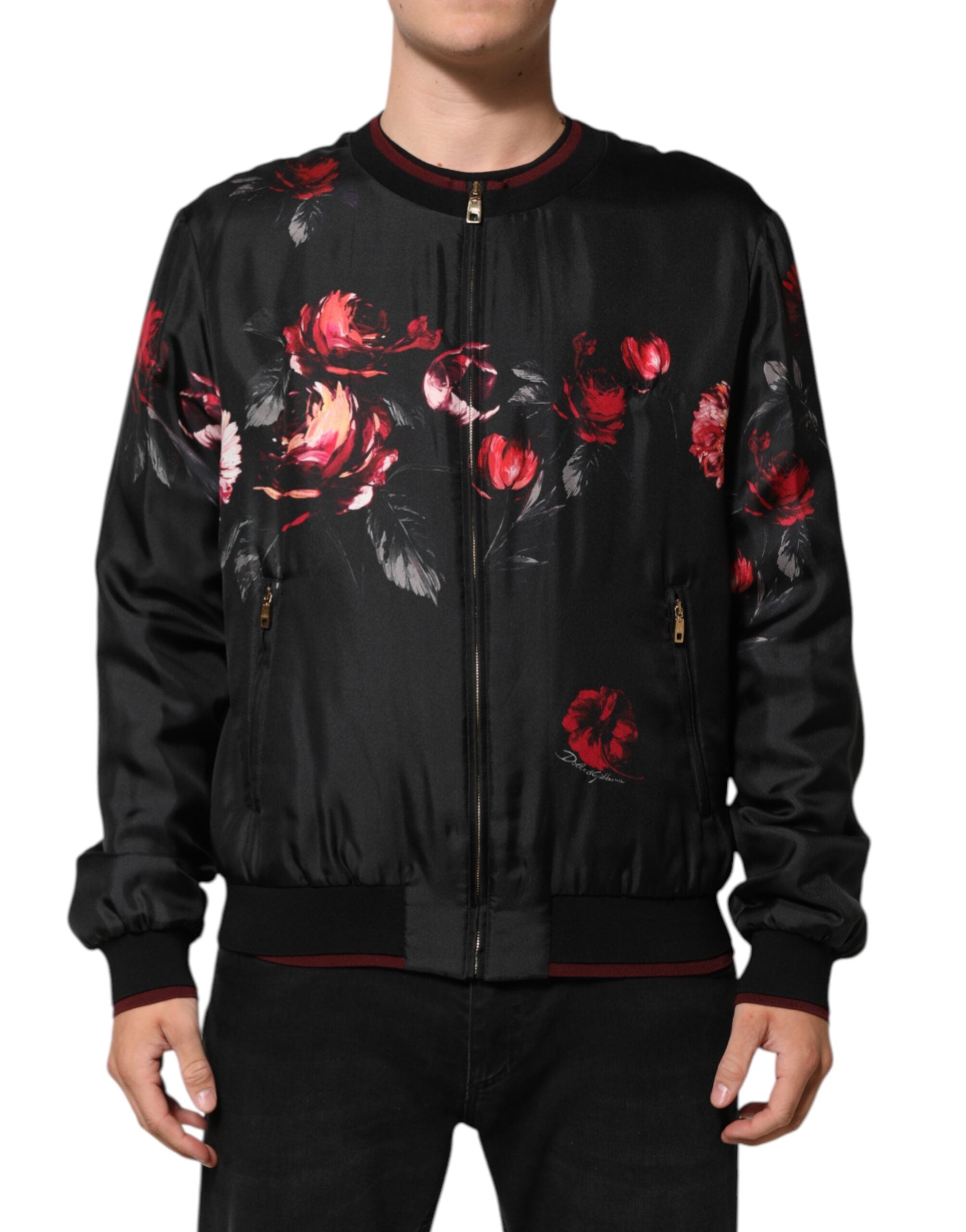 Dolce & Gabbana Schwarz-rot geblümte Seidenbomber-Blouson-Jacke