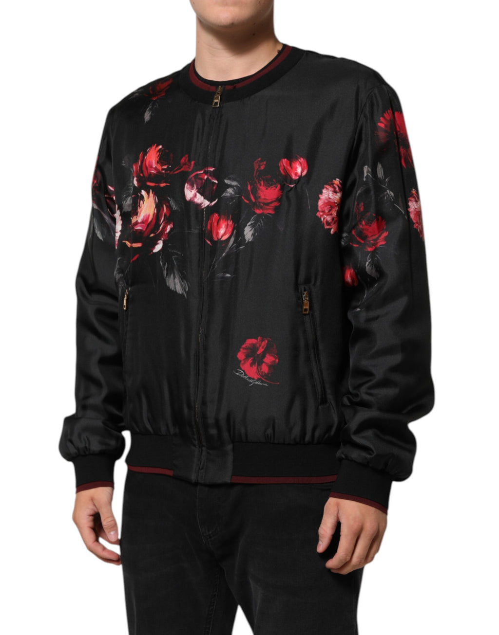 Dolce & Gabbana Schwarz-rot geblümte Seidenbomber-Blouson-Jacke
