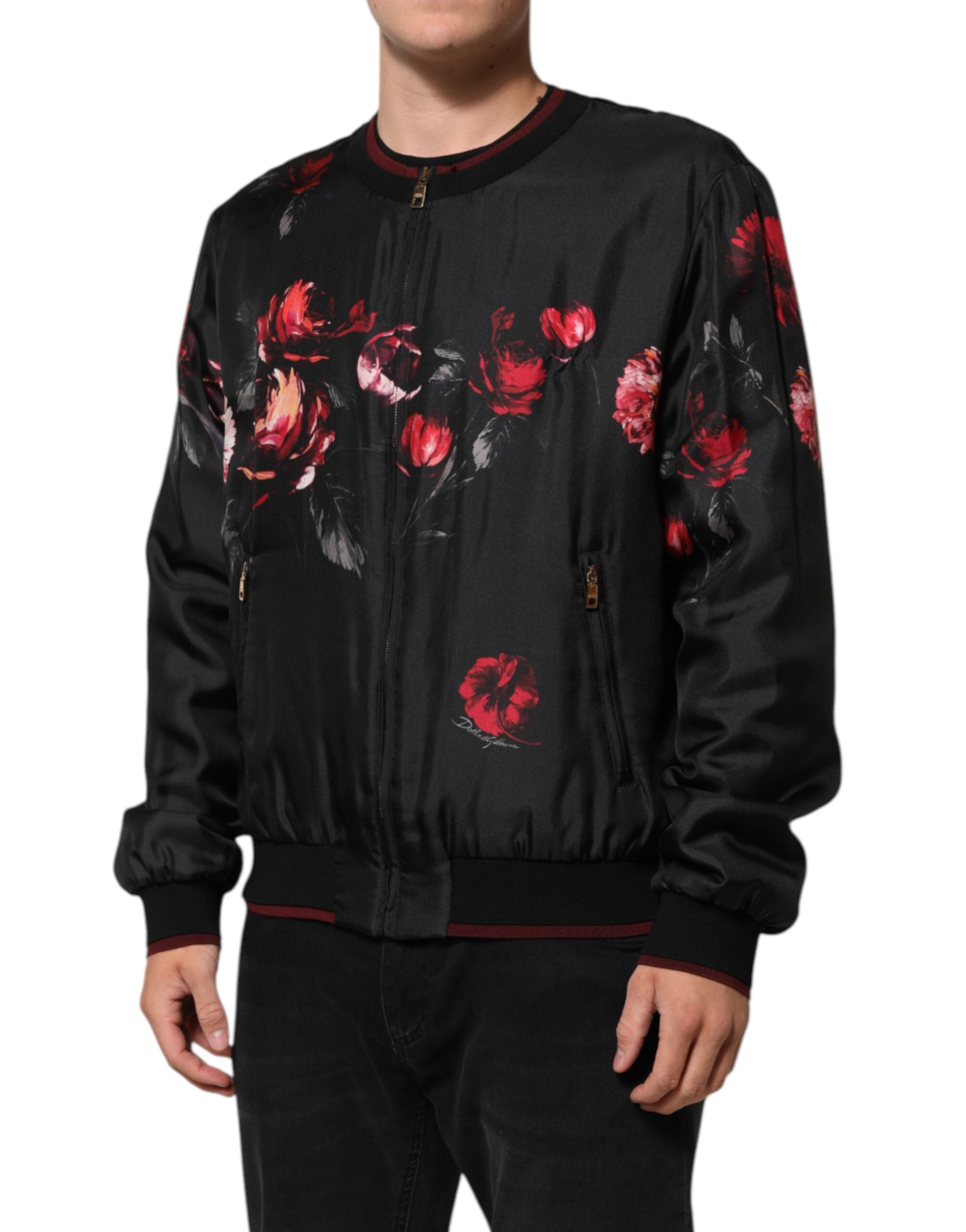 Dolce & Gabbana Schwarz-rot geblümte Seidenbomber-Blouson-Jacke
