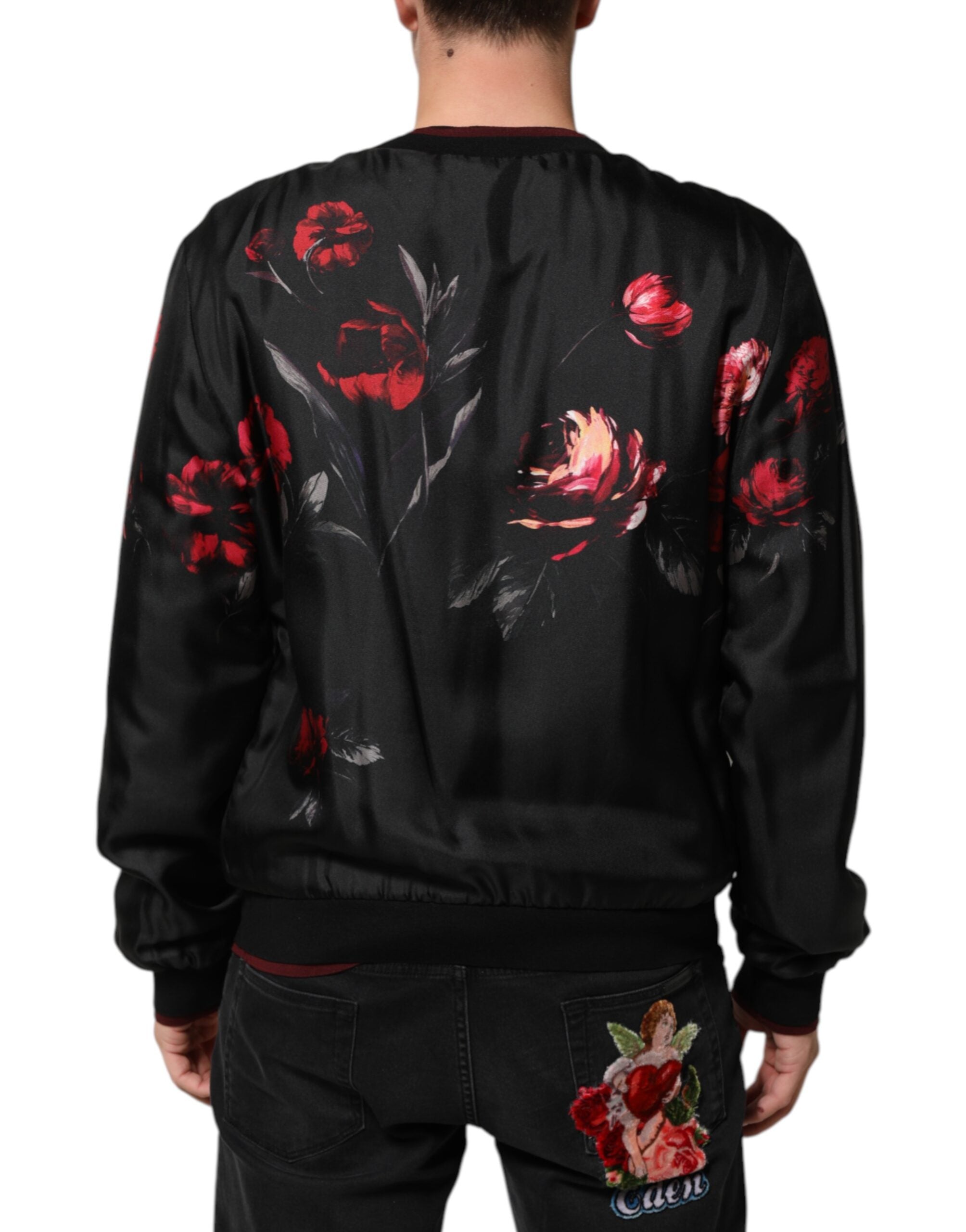 Dolce & Gabbana Schwarz-rot geblümte Seidenbomber-Blouson-Jacke