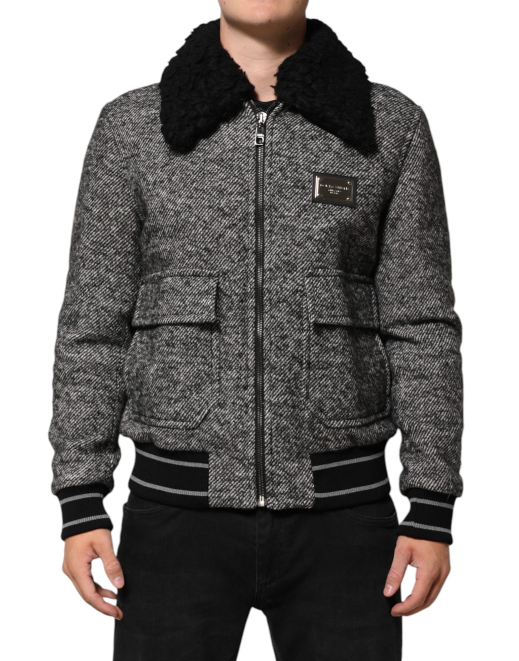 Dolce & Gabbana Graue Bomberjacke aus Wolle mit Fischgrätenmuster und Shearling-Kragen
