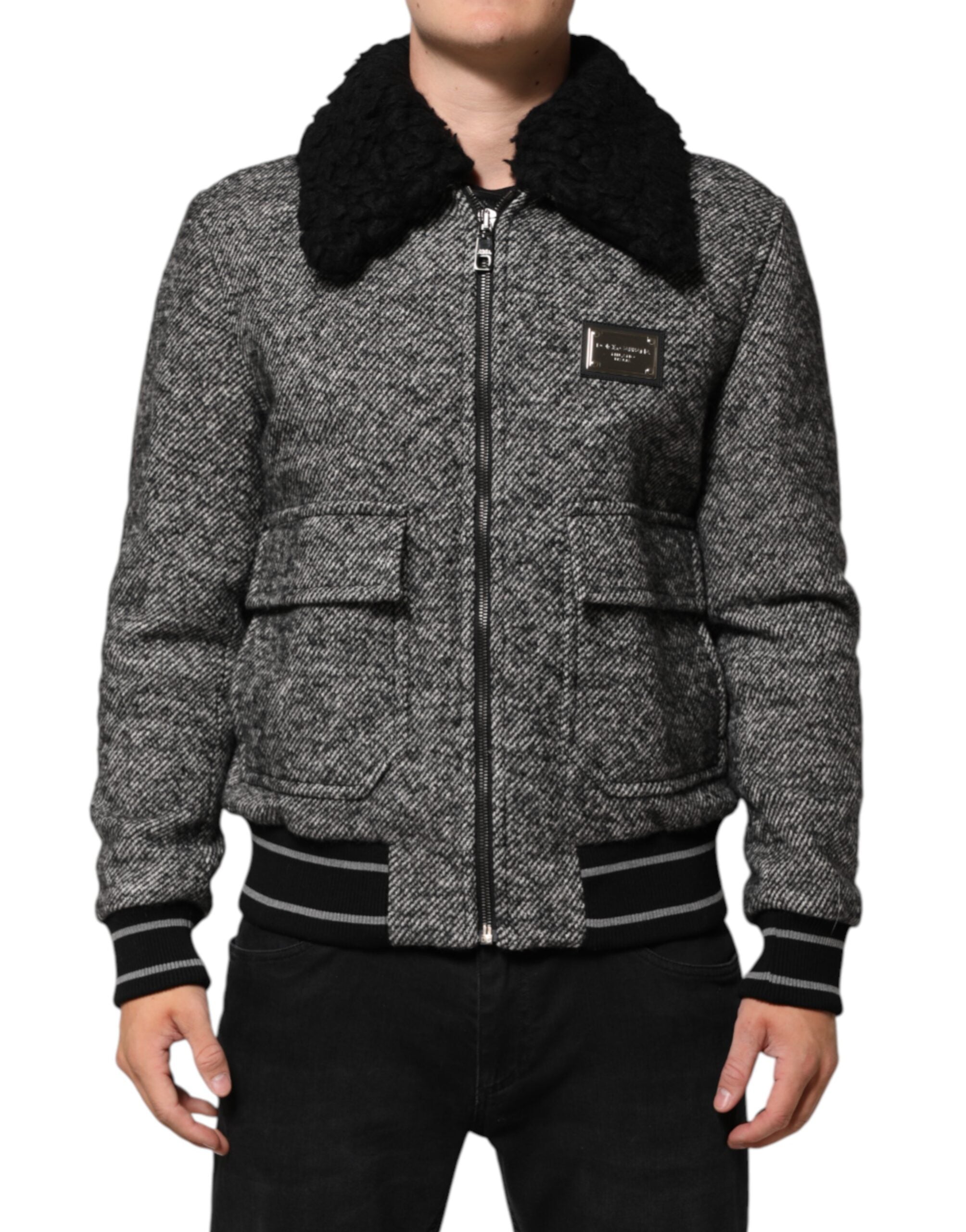Dolce & Gabbana Graue Bomberjacke aus Wolle mit Fischgrätenmuster und Shearling-Kragen