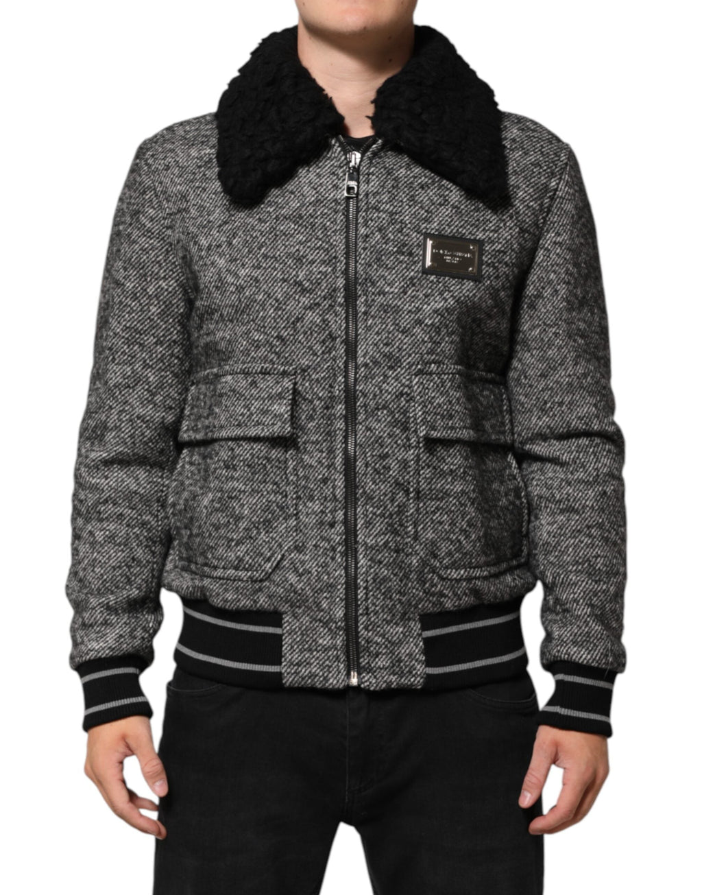 Dolce & Gabbana Graue Bomberjacke aus Wolle mit Fischgrätenmuster und Shearling-Kragen