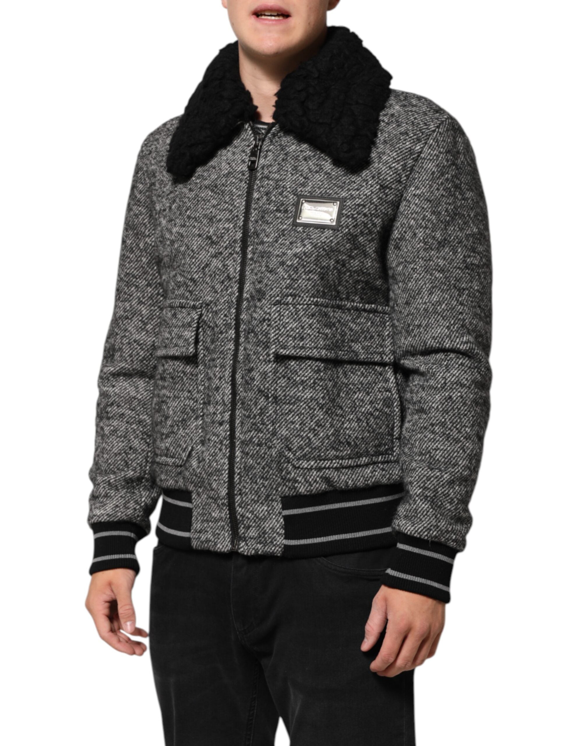 Dolce & Gabbana Graue Bomberjacke aus Wolle mit Fischgrätenmuster und Shearling-Kragen
