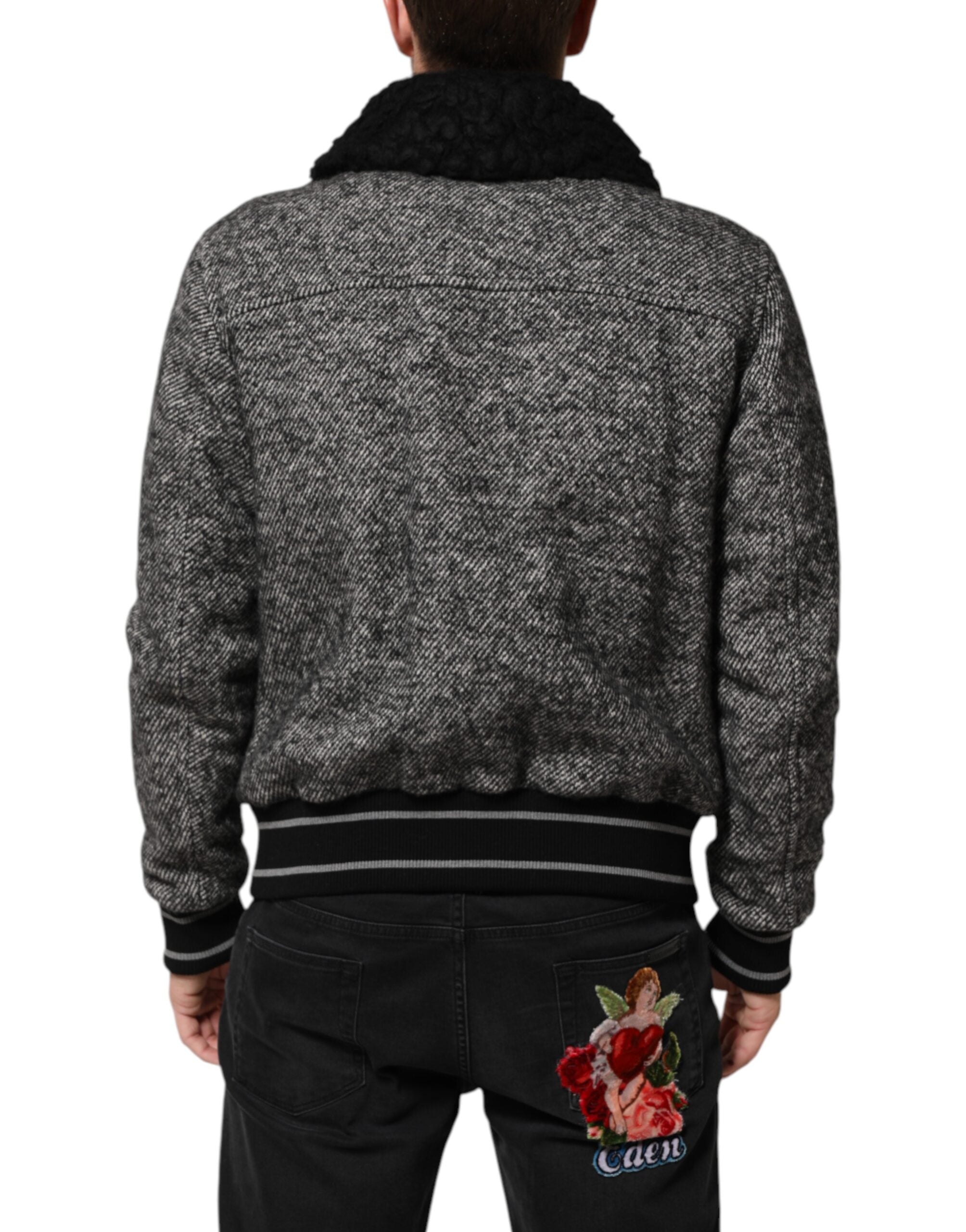 Dolce & Gabbana Graue Bomberjacke aus Wolle mit Fischgrätenmuster und Shearling-Kragen