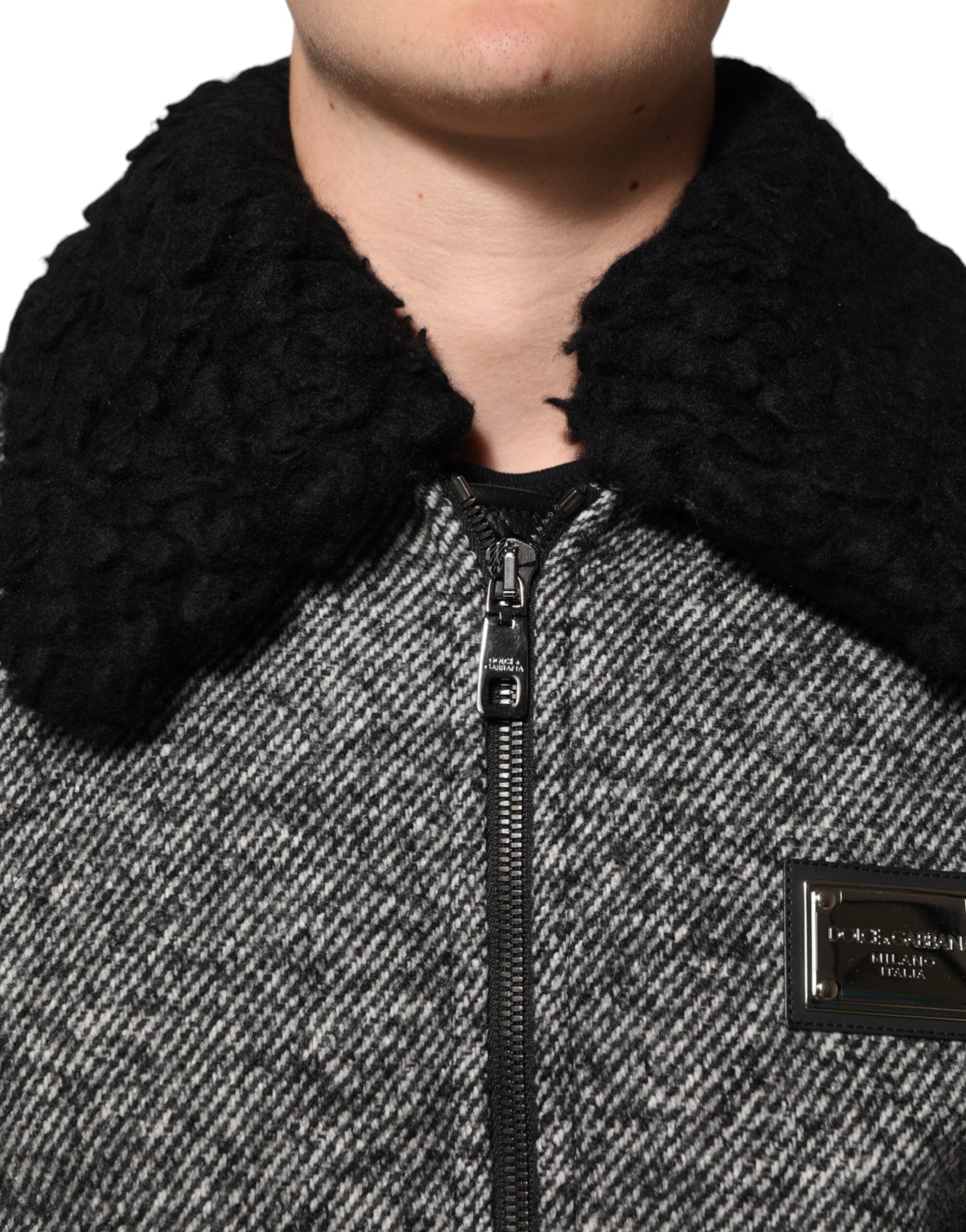 Dolce & Gabbana Graue Bomberjacke aus Wolle mit Fischgrätenmuster und Shearling-Kragen