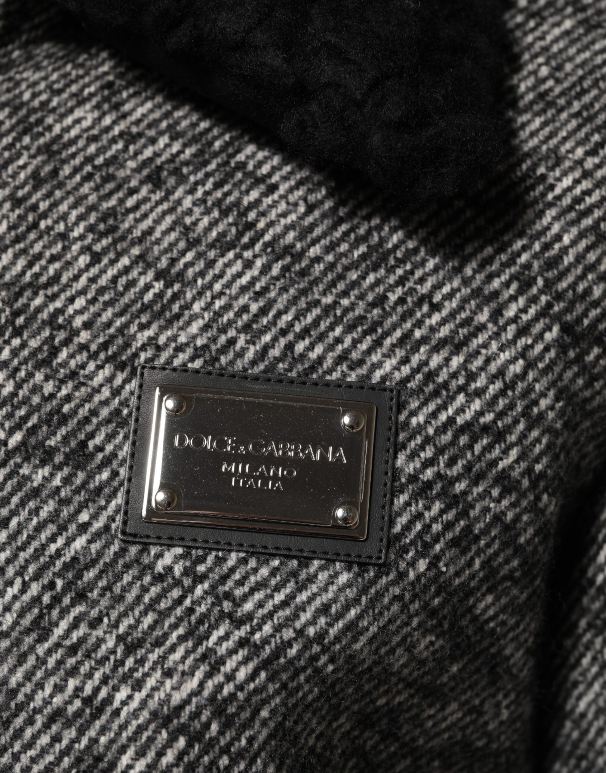 Dolce & Gabbana Graue Bomberjacke aus Wolle mit Fischgrätenmuster und Shearling-Kragen