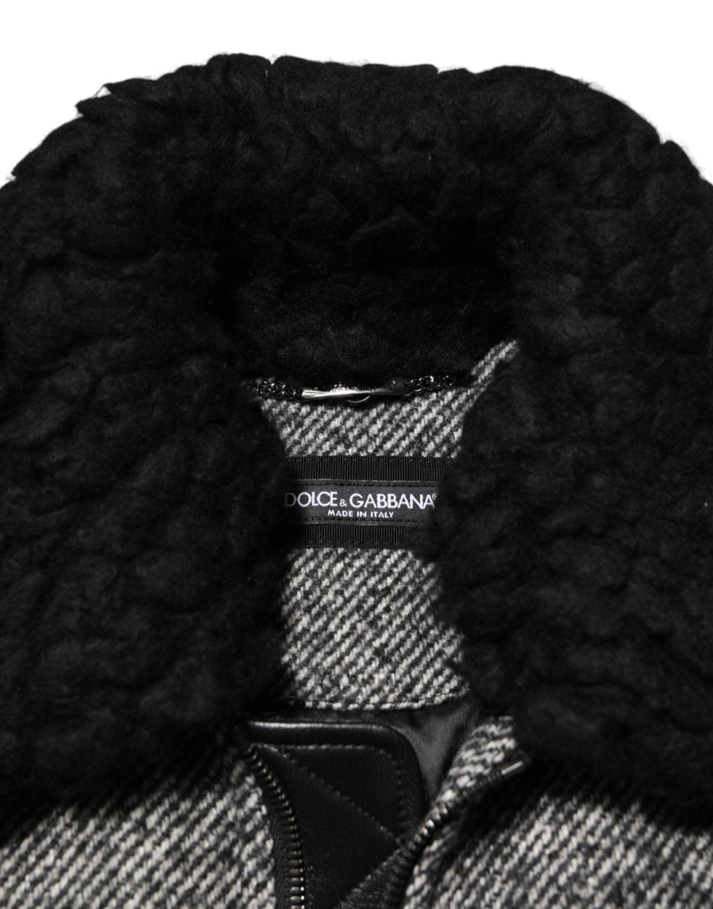 Dolce & Gabbana Graue Bomberjacke aus Wolle mit Fischgrätenmuster und Shearling-Kragen