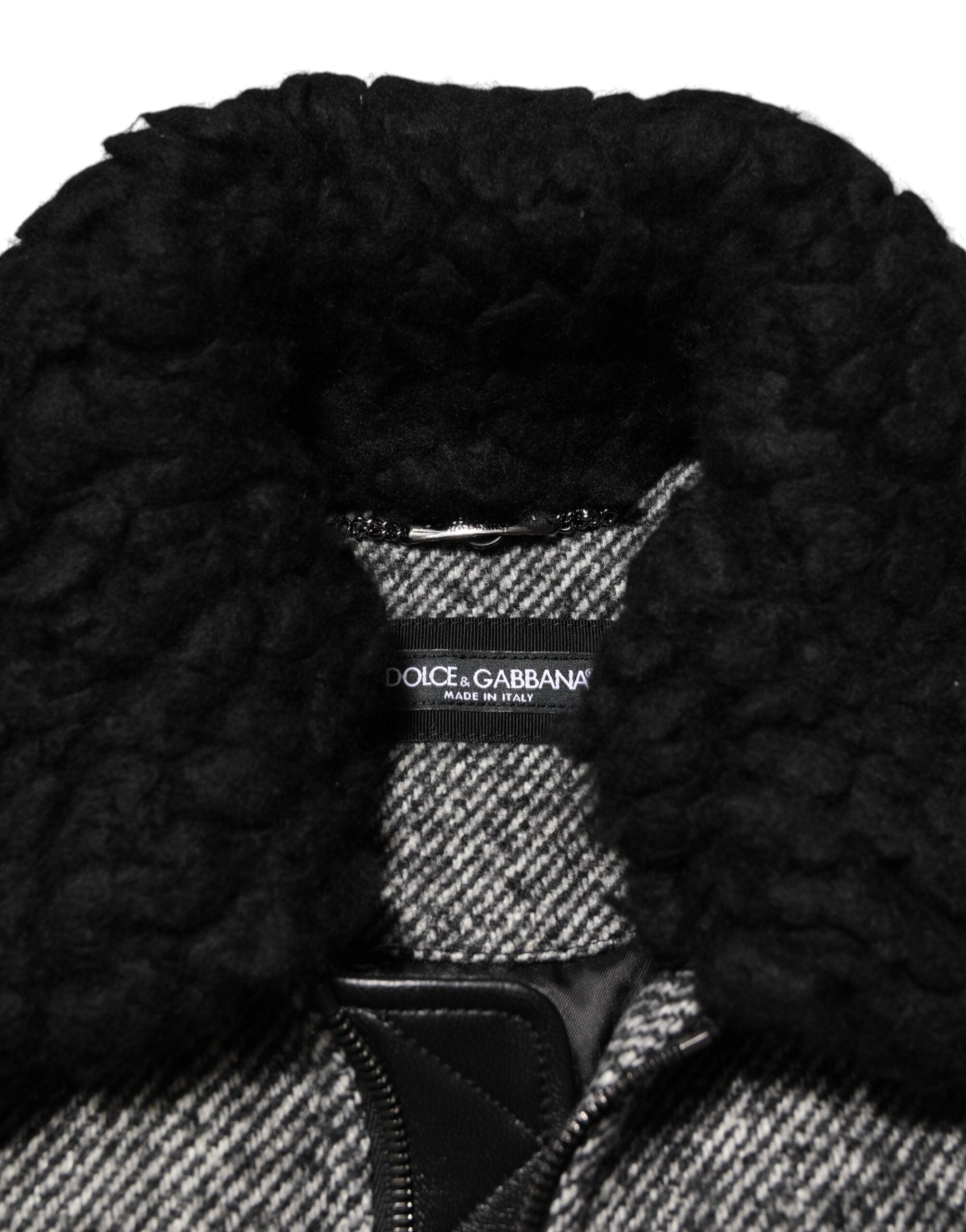 Dolce & Gabbana Graue Bomberjacke aus Wolle mit Fischgrätenmuster und Shearling-Kragen