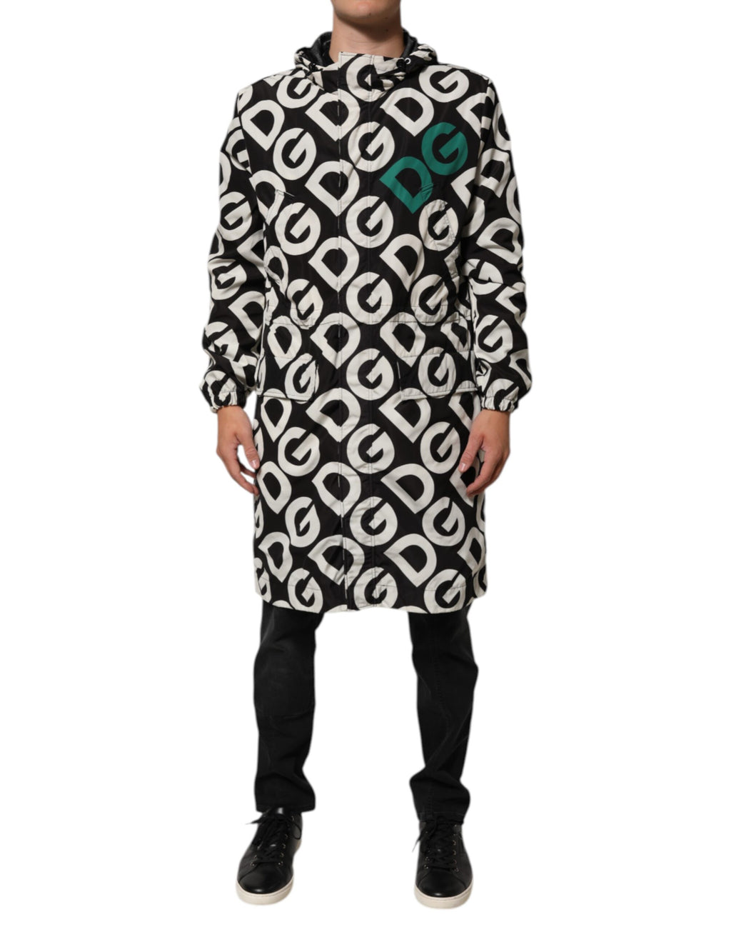 Dolce & Gabbana Schwarzer Weißer Logo Print Mantel mit Kapuze Männer Jacke