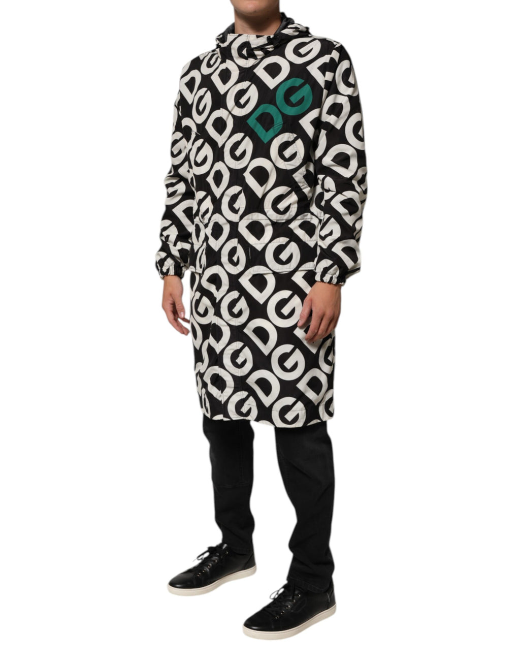 Dolce & Gabbana Schwarzer Weißer Logo Print Mantel mit Kapuze Männer Jacke