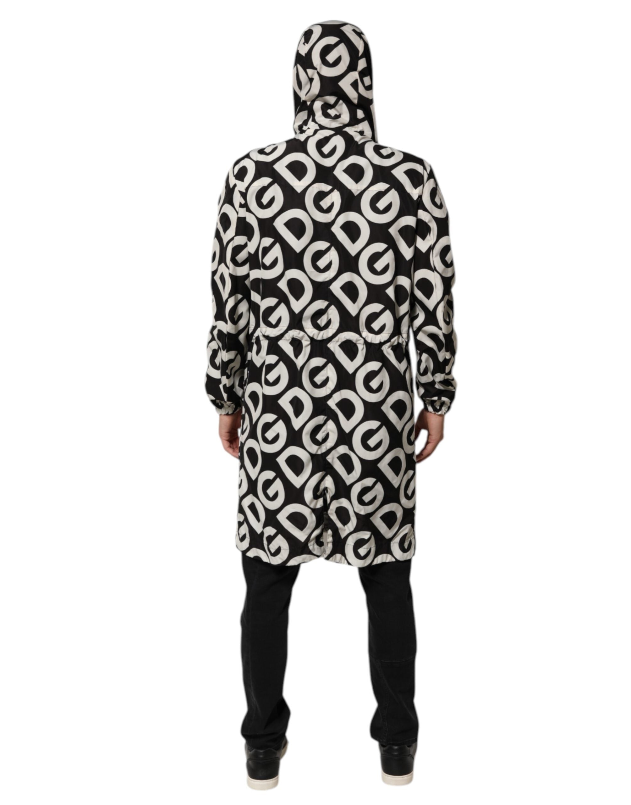 Dolce & Gabbana Schwarzer Weißer Logo Print Mantel mit Kapuze Männer Jacke