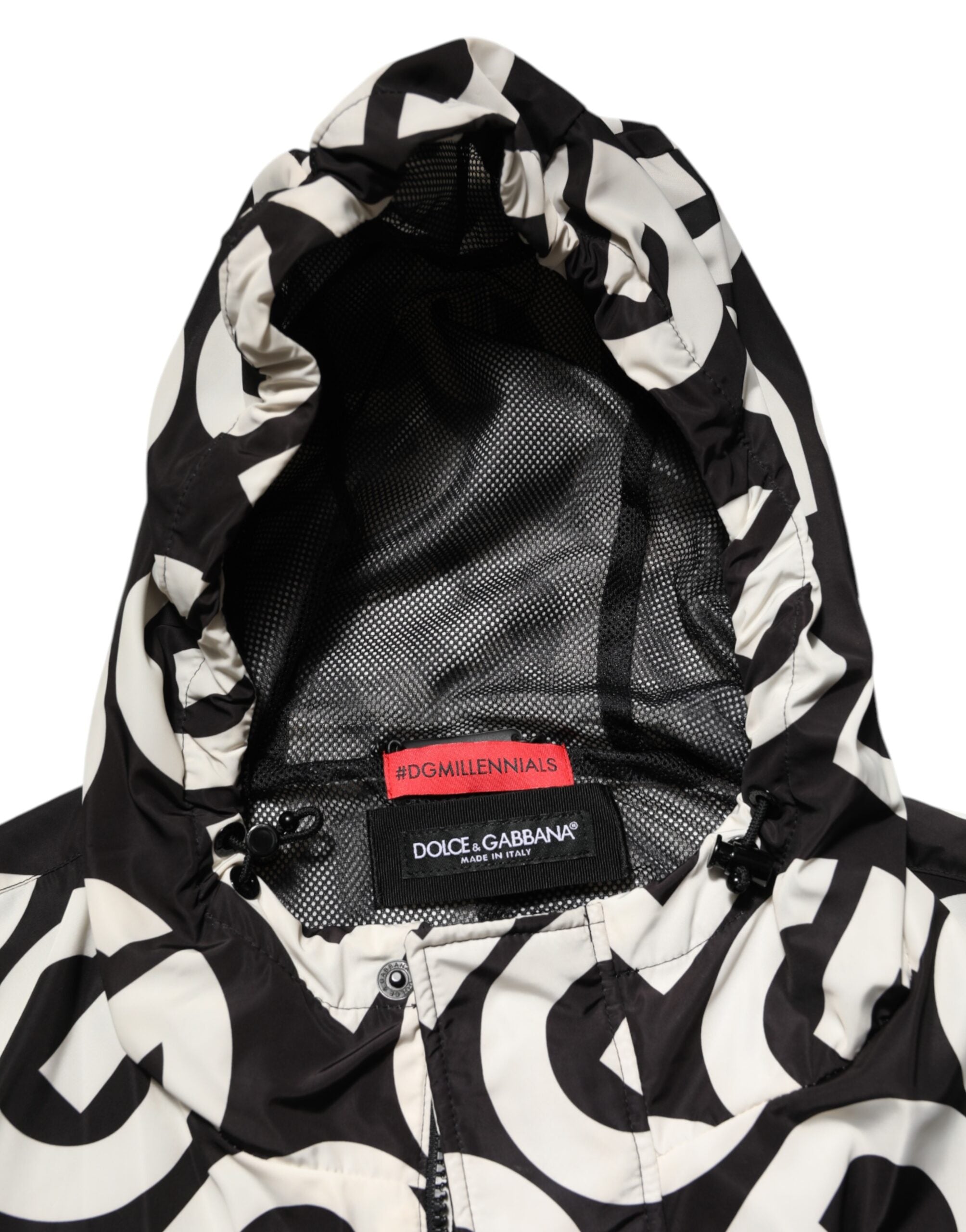 Dolce & Gabbana Schwarzer Weißer Logo Print Mantel mit Kapuze Männer Jacke