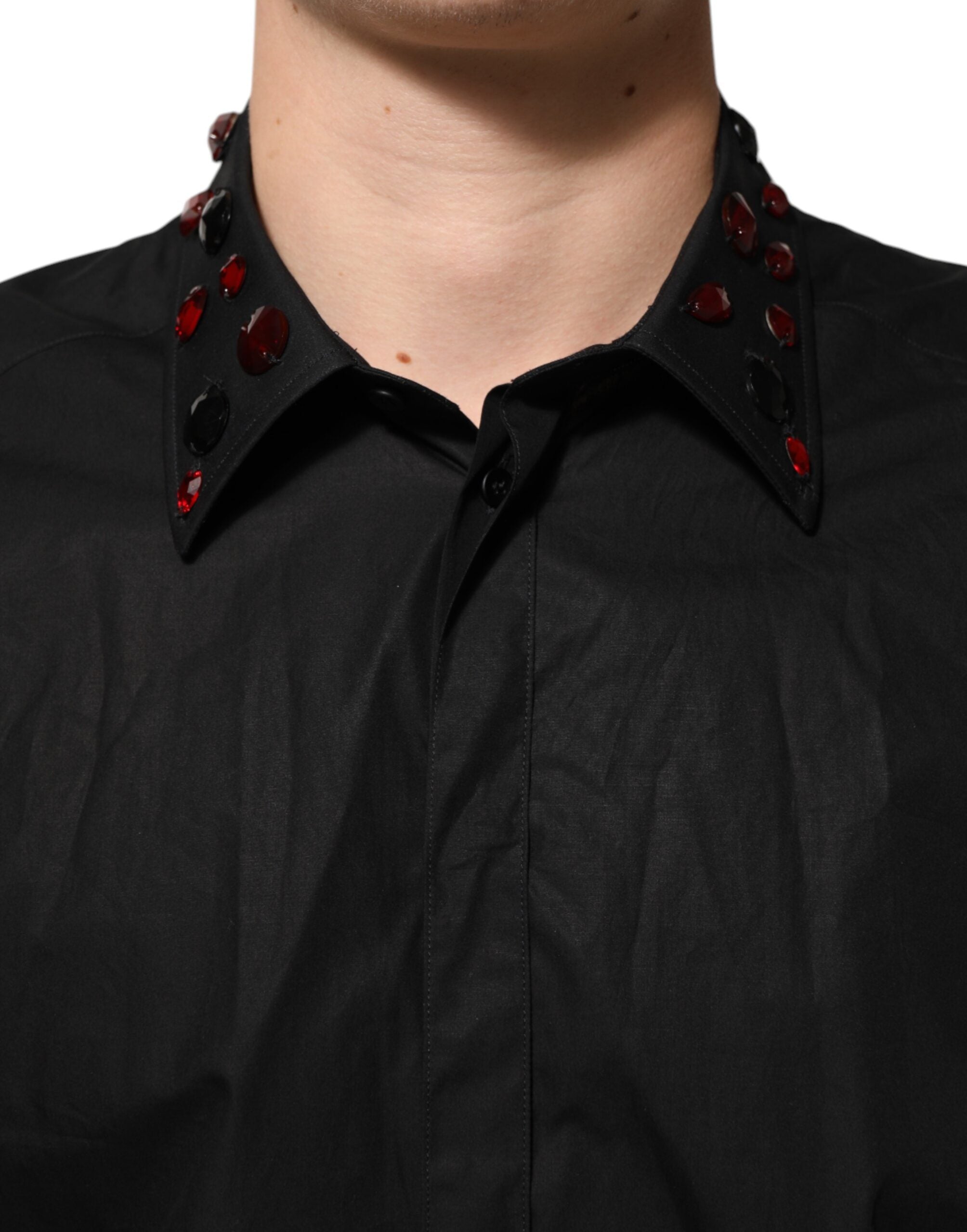 Dolce & Gabbana Schwarzes Baumwollhemd mit verschönertem Kragen für Männer