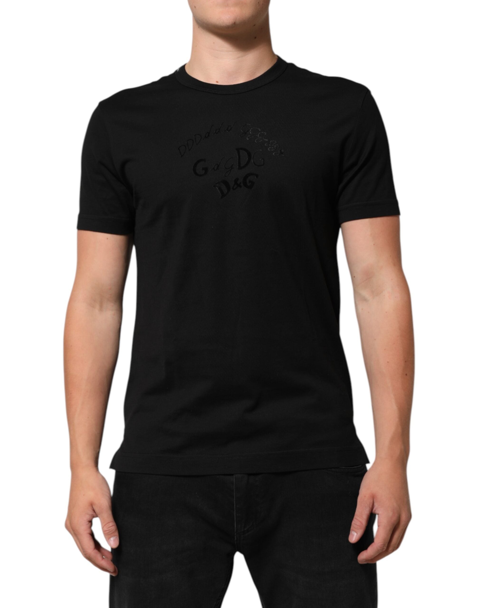 Dolce & Gabbana Schwarzes T-Shirt aus Baumwollsamt mit Logodruck für Männer