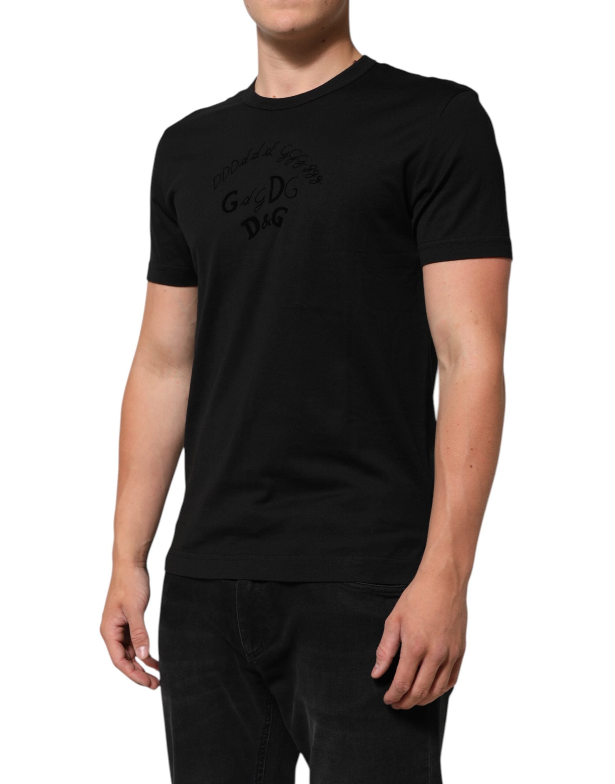 Dolce & Gabbana Schwarzes T-Shirt aus Baumwollsamt mit Logodruck für Männer