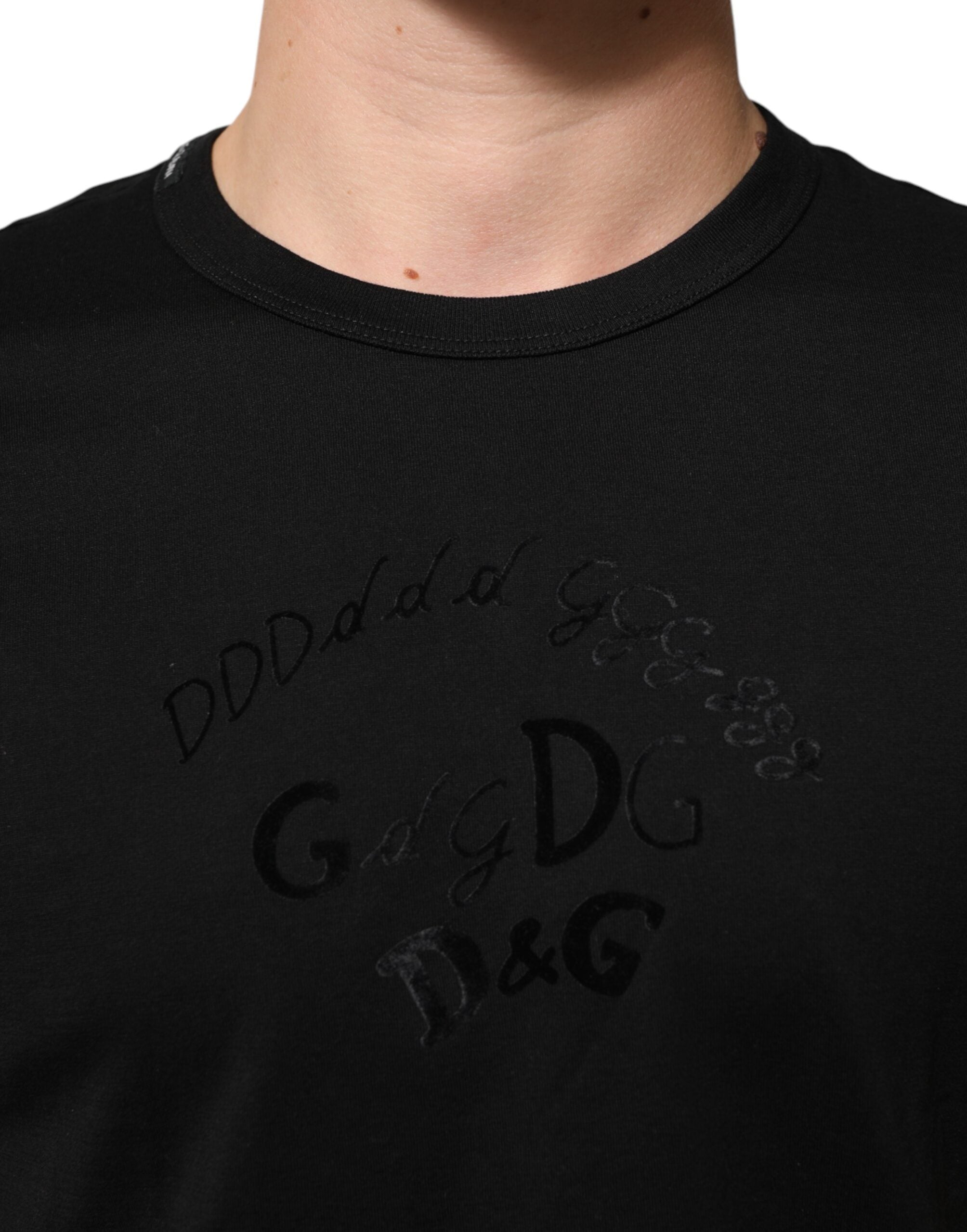 Dolce & Gabbana Schwarzes T-Shirt aus Baumwollsamt mit Logodruck für Männer