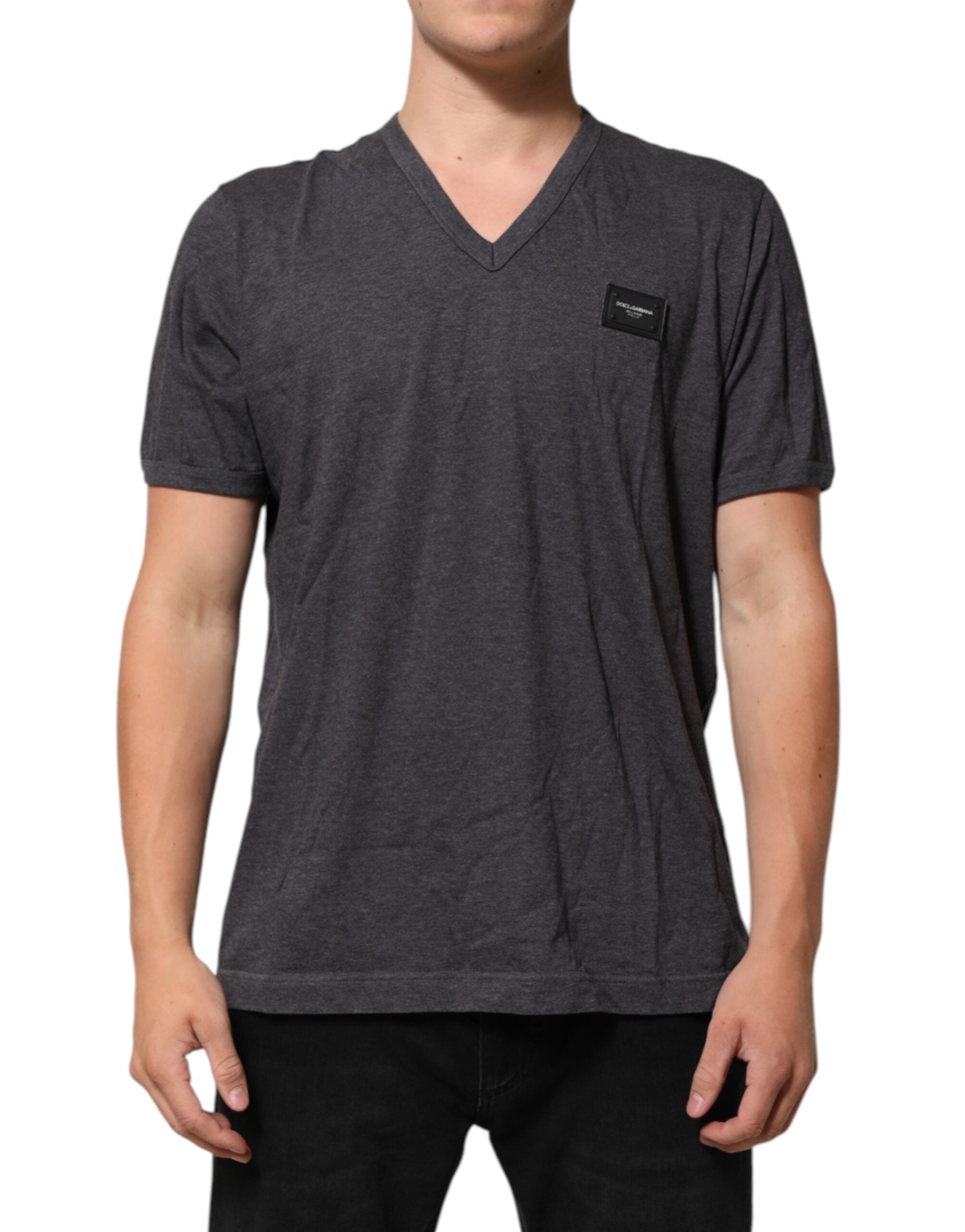 Dolce & Gabbana Graues T-Shirt mit V-Ausschnitt aus Baumwolle und Logo-Plakette in Melange-Optik