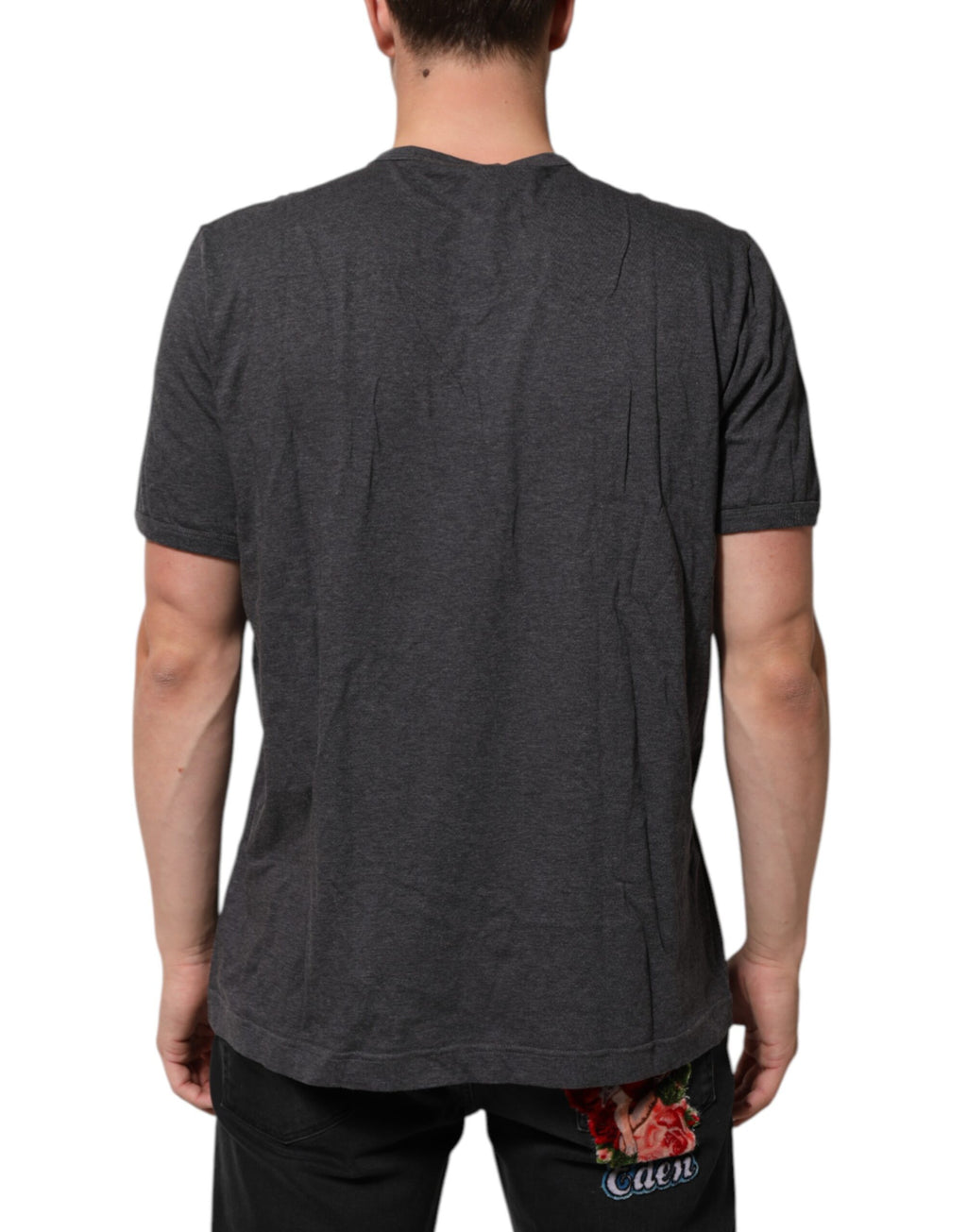Dolce & Gabbana Graues T-Shirt mit V-Ausschnitt aus Baumwolle und Logo-Plakette in Melange-Optik