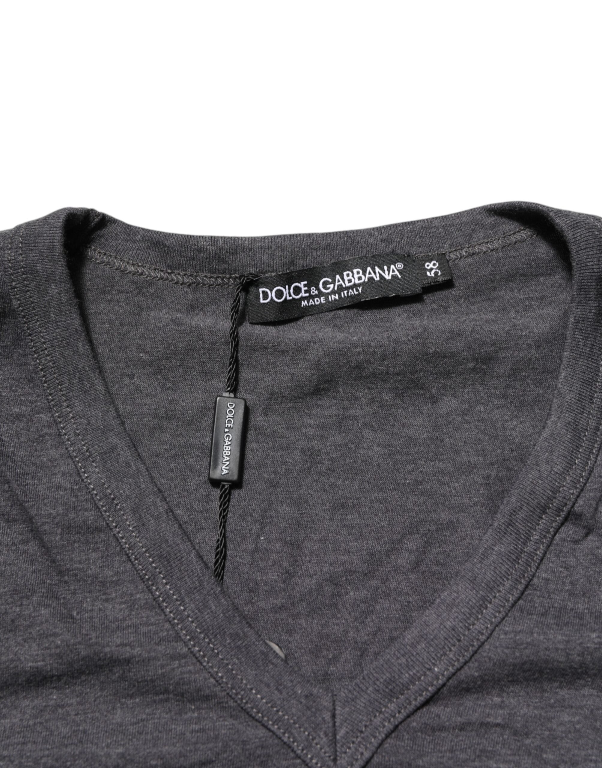 Dolce & Gabbana Graues T-Shirt mit V-Ausschnitt aus Baumwolle und Logo-Plakette in Melange-Optik