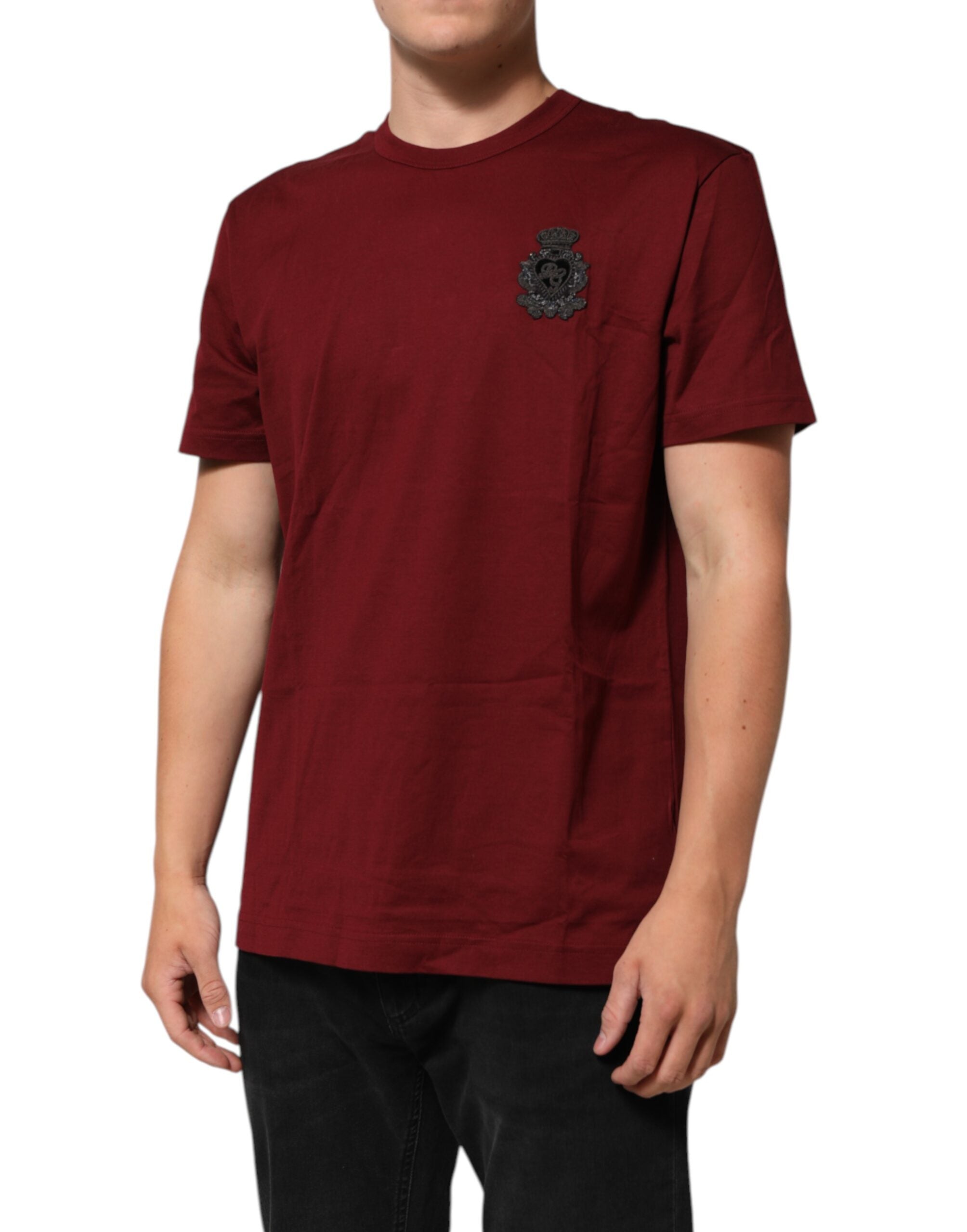 Dolce & Gabbana Bordeauxrotes T-Shirt mit Logo-Aufnäher aus Baumwolle