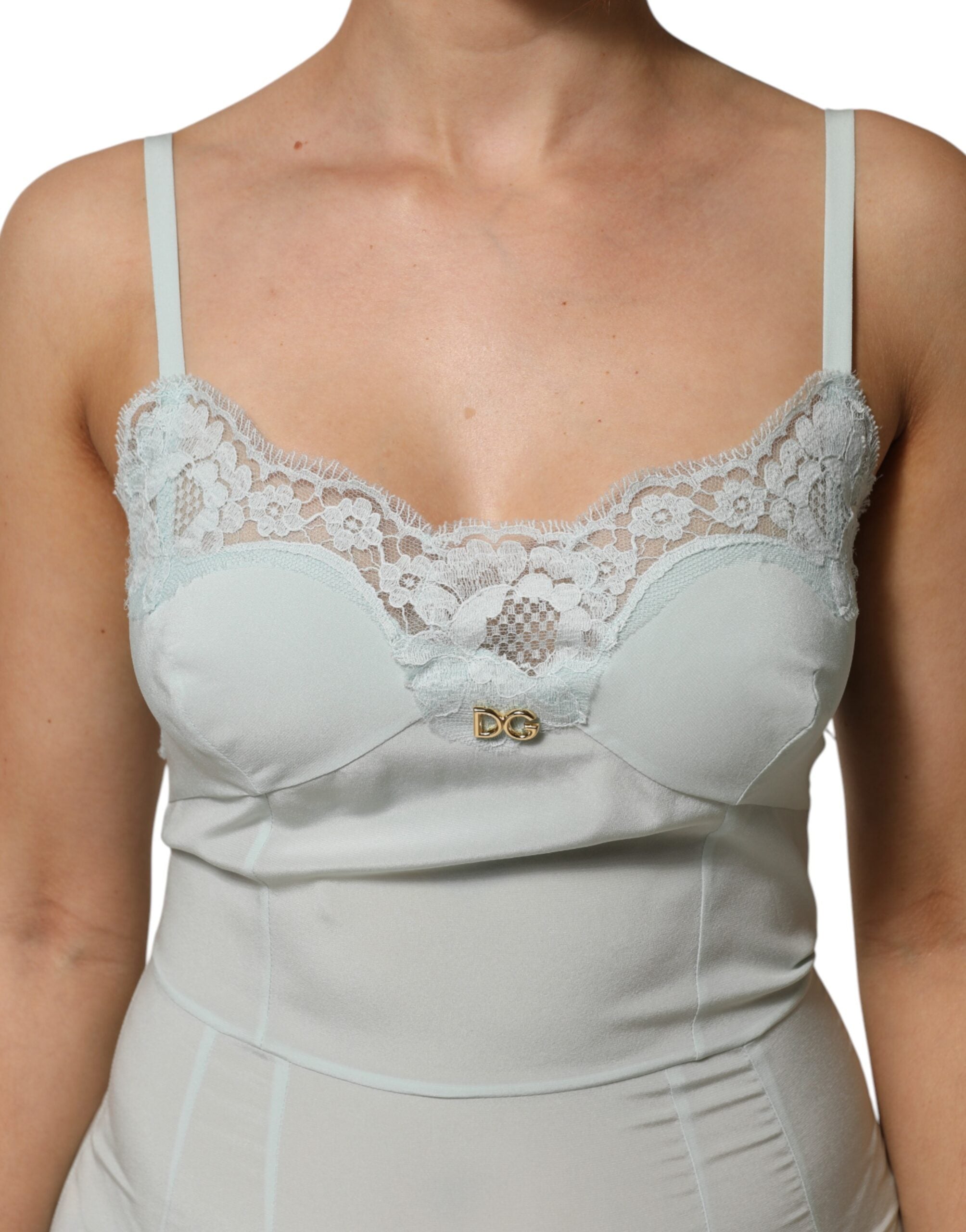 Dolce & Gabbana Hellblaues Midi-Bodycon-Slipkleid aus Seidenspitze