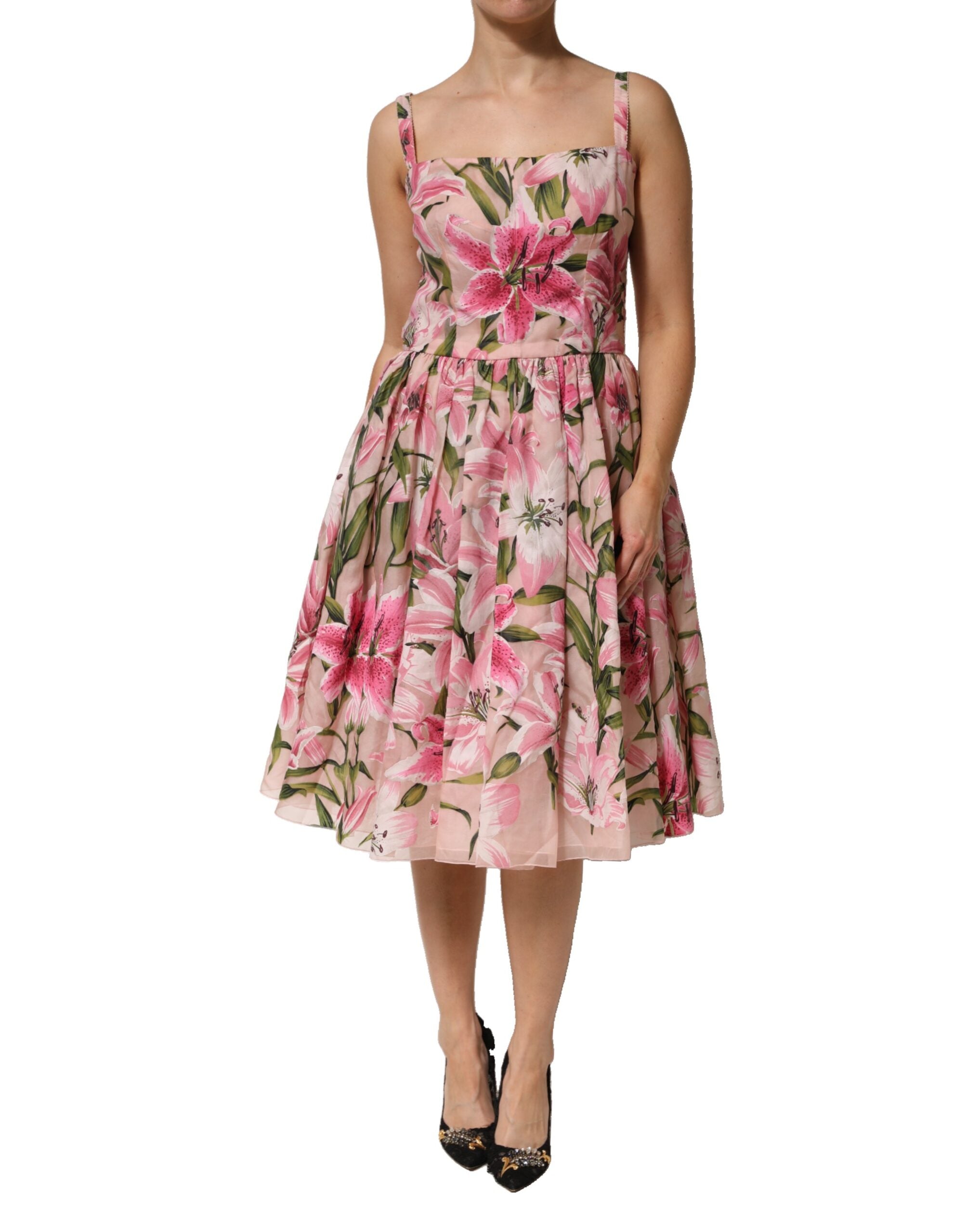 Dolce & Gabbana Pinkes Midikleid mit Blumenmuster und Lilienmuster