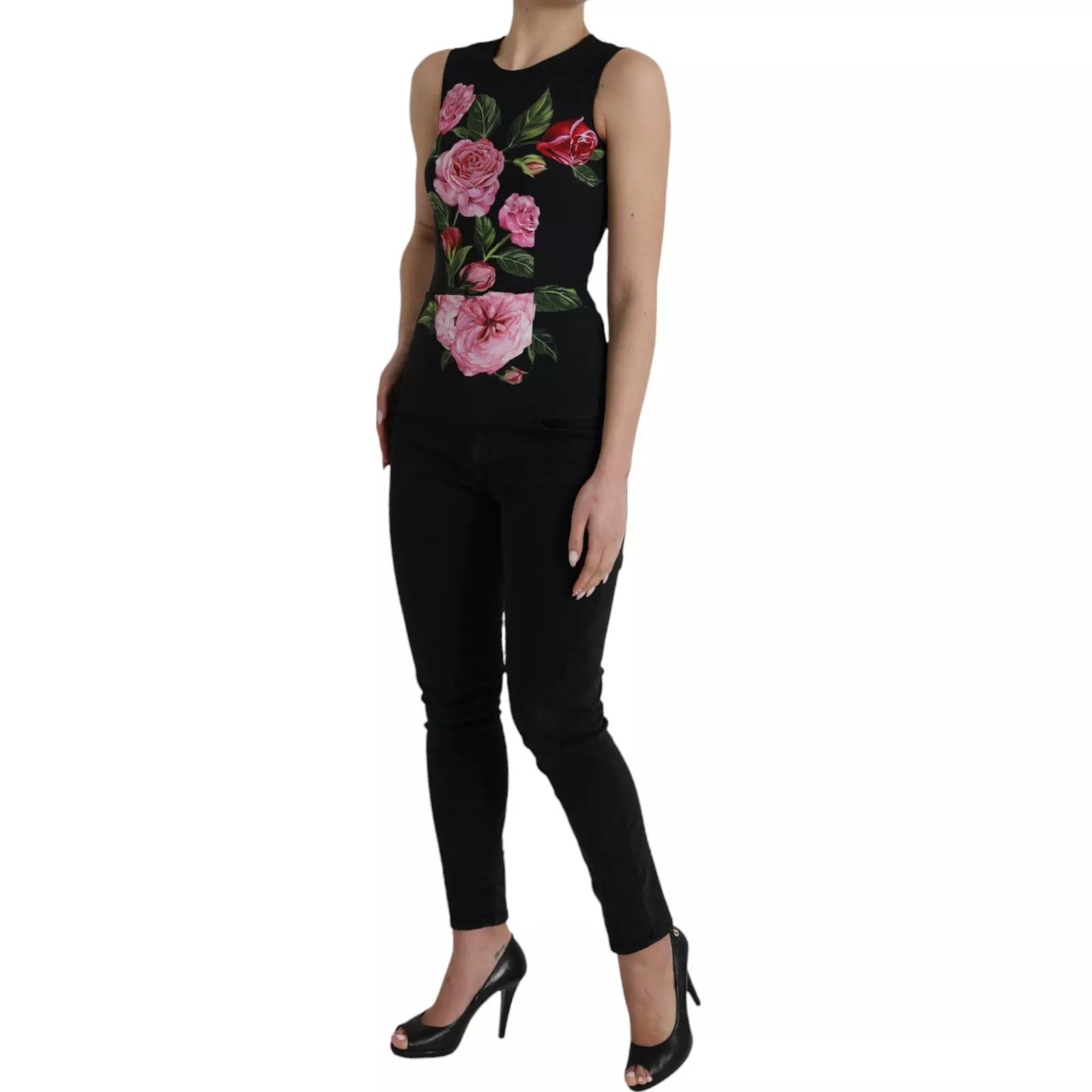 Dolce & Gabbana Schwarzes geblümtes Viskose-Rundhals-Top