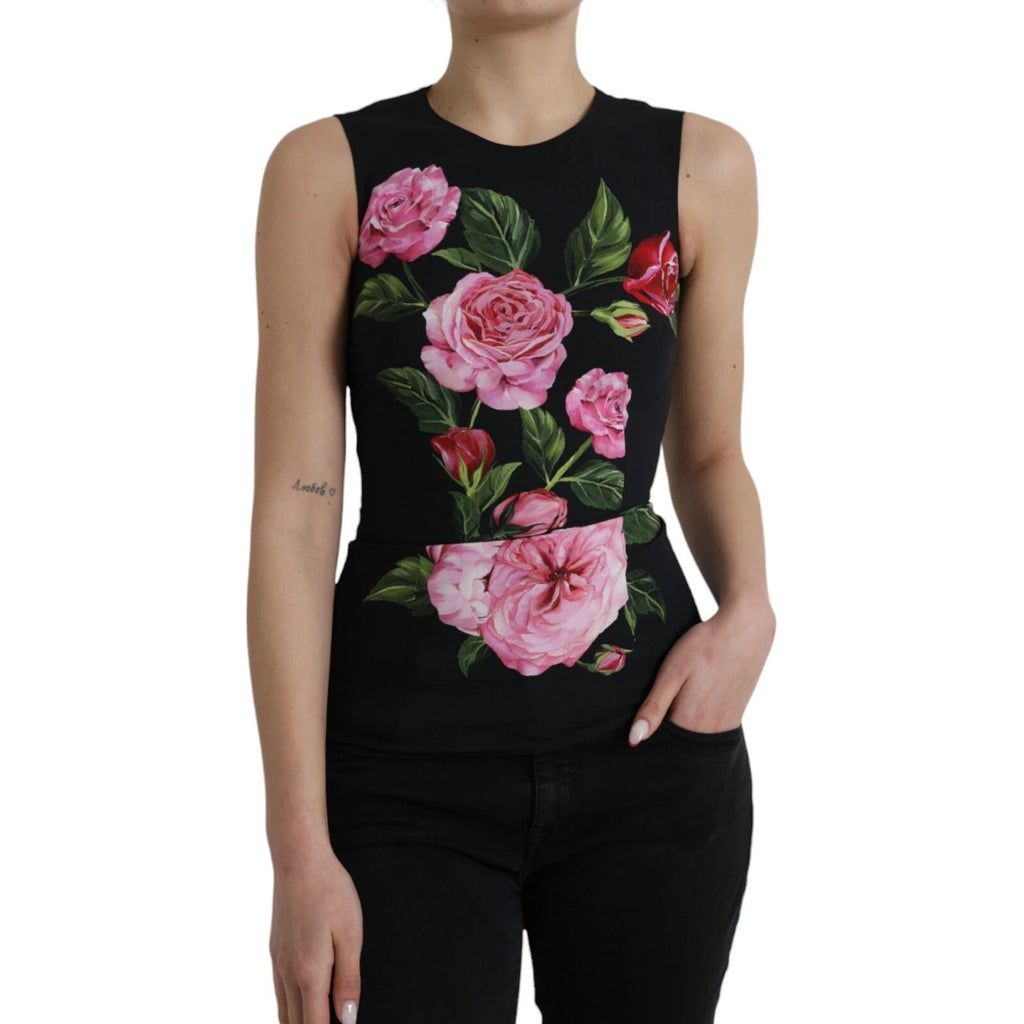 Dolce & Gabbana Schwarzes geblümtes Viskose-Rundhals-Top