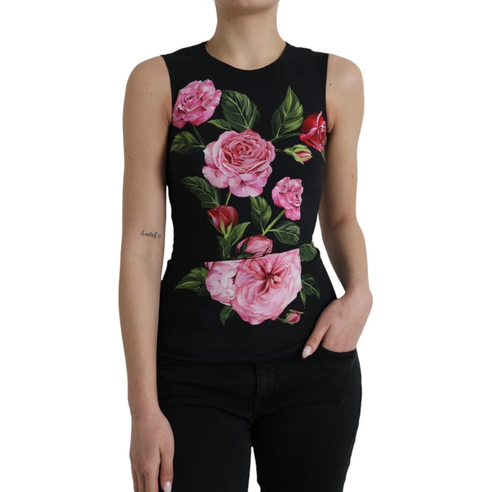 Dolce & Gabbana Schwarzes geblümtes Viskose-Rundhals-Top