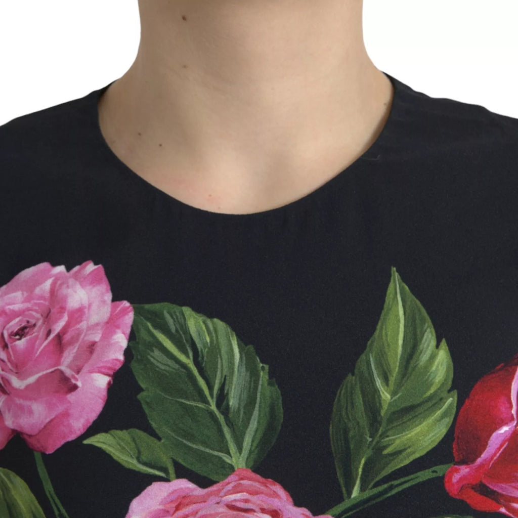 Dolce & Gabbana Schwarzes geblümtes Viskose-Rundhals-Top