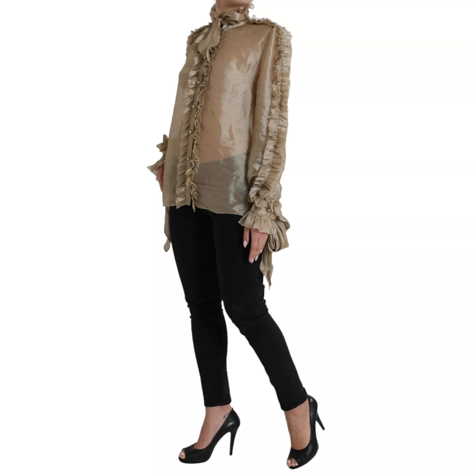 Dolce & Gabbana Gold Ascot Kragen Rüschen Bluse Top