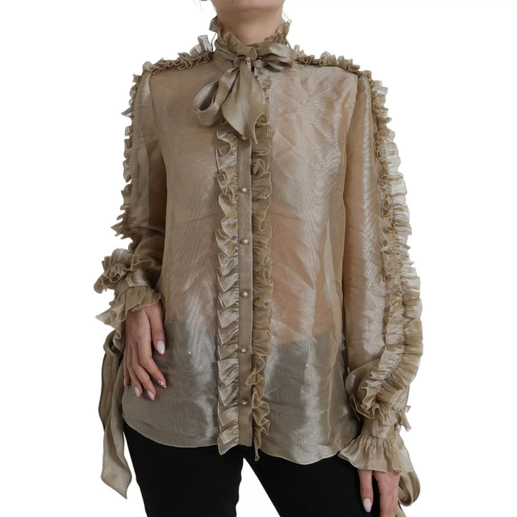 Dolce & Gabbana Gold Ascot Kragen Rüschen Bluse Top