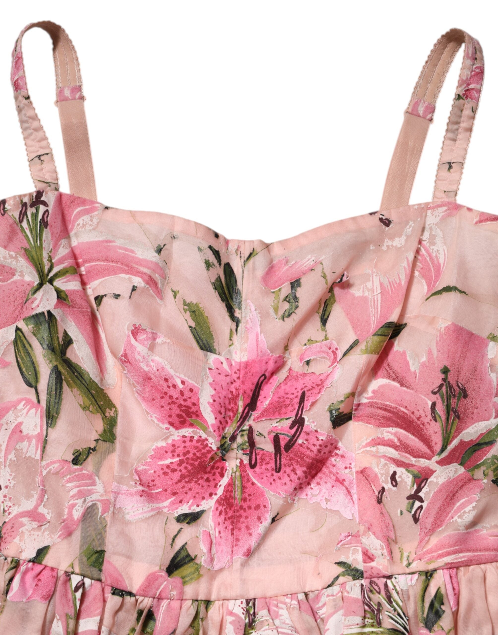 Dolce & Gabbana Rosa geblümtes ärmelloses Kleid aus Baumwolle mit Falten