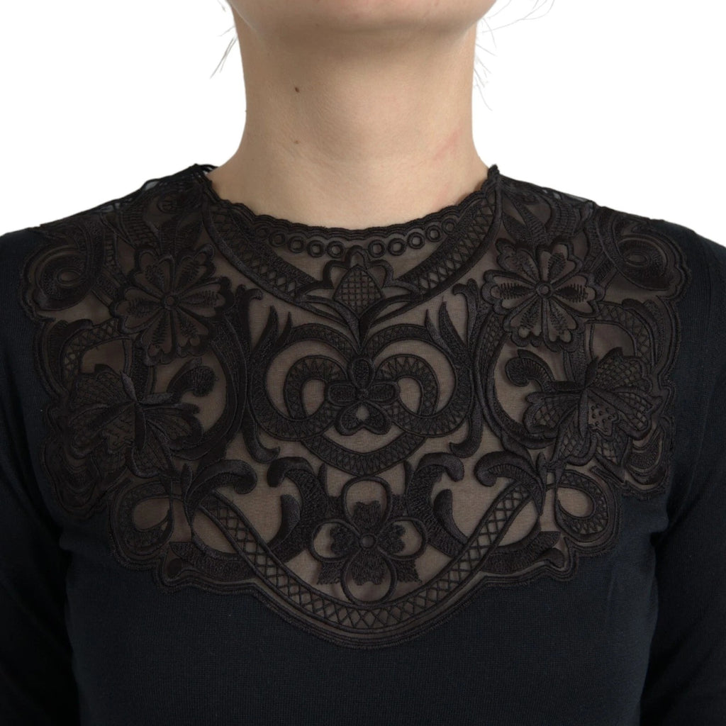 Dolce & Gabbana Schwarzes Seidenblusentop mit Spitzenbesatz und langen Ärmeln