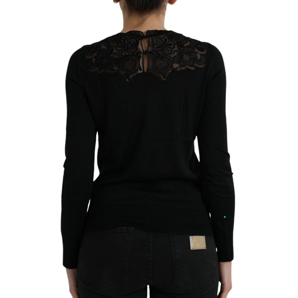 Dolce & Gabbana Schwarzes Seidenblusentop mit Spitzenbesatz und langen Ärmeln
