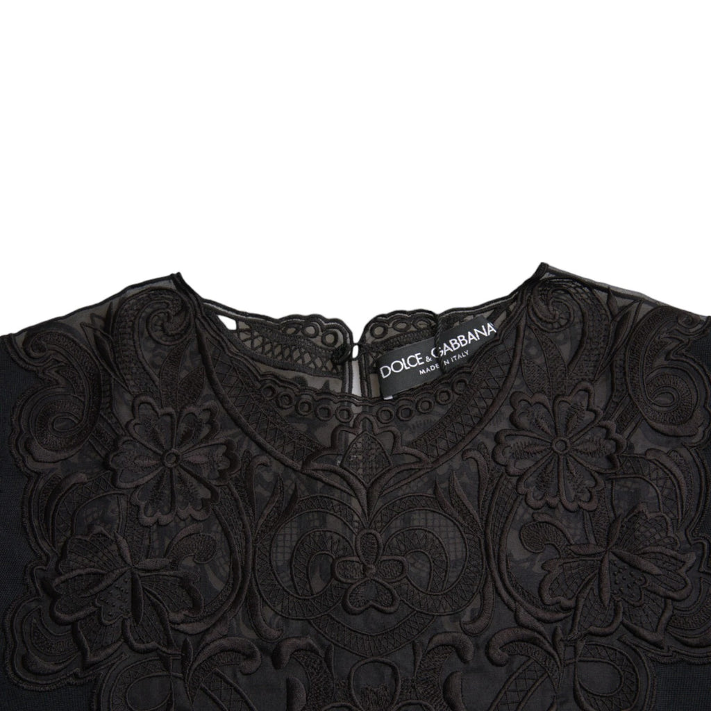 Dolce & Gabbana Schwarzes Seidenblusentop mit Spitzenbesatz und langen Ärmeln
