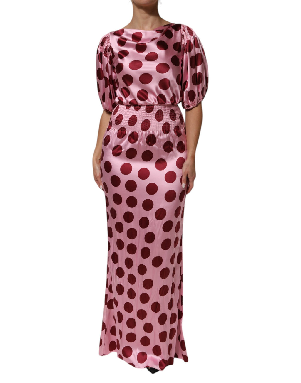 Dolce & Gabbana Roze Rode Polka Dot Zijden Satijnen Maxi Avondjurk
