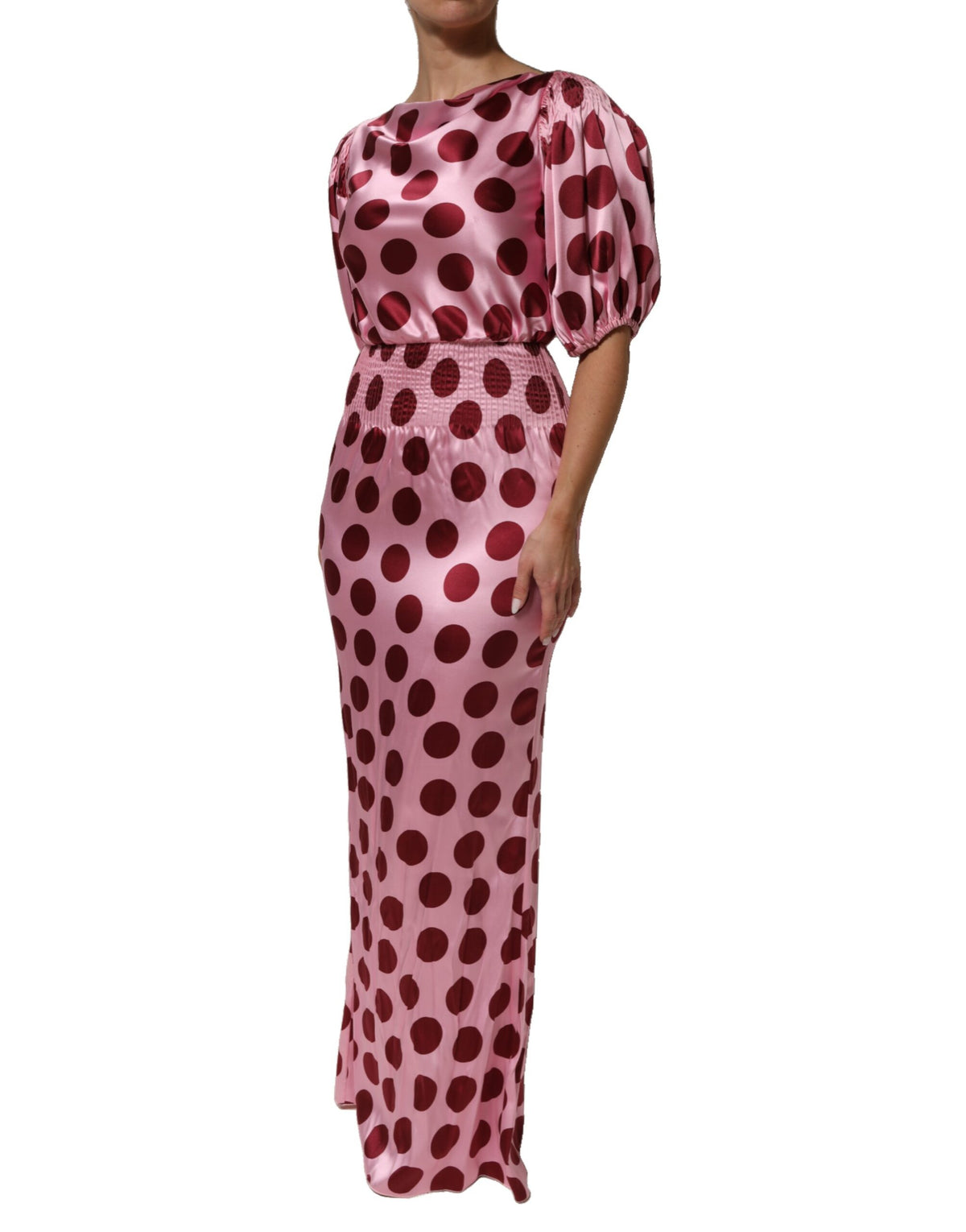 Dolce & Gabbana Roze Rode Polka Dot Zijden Satijnen Maxi Avondjurk