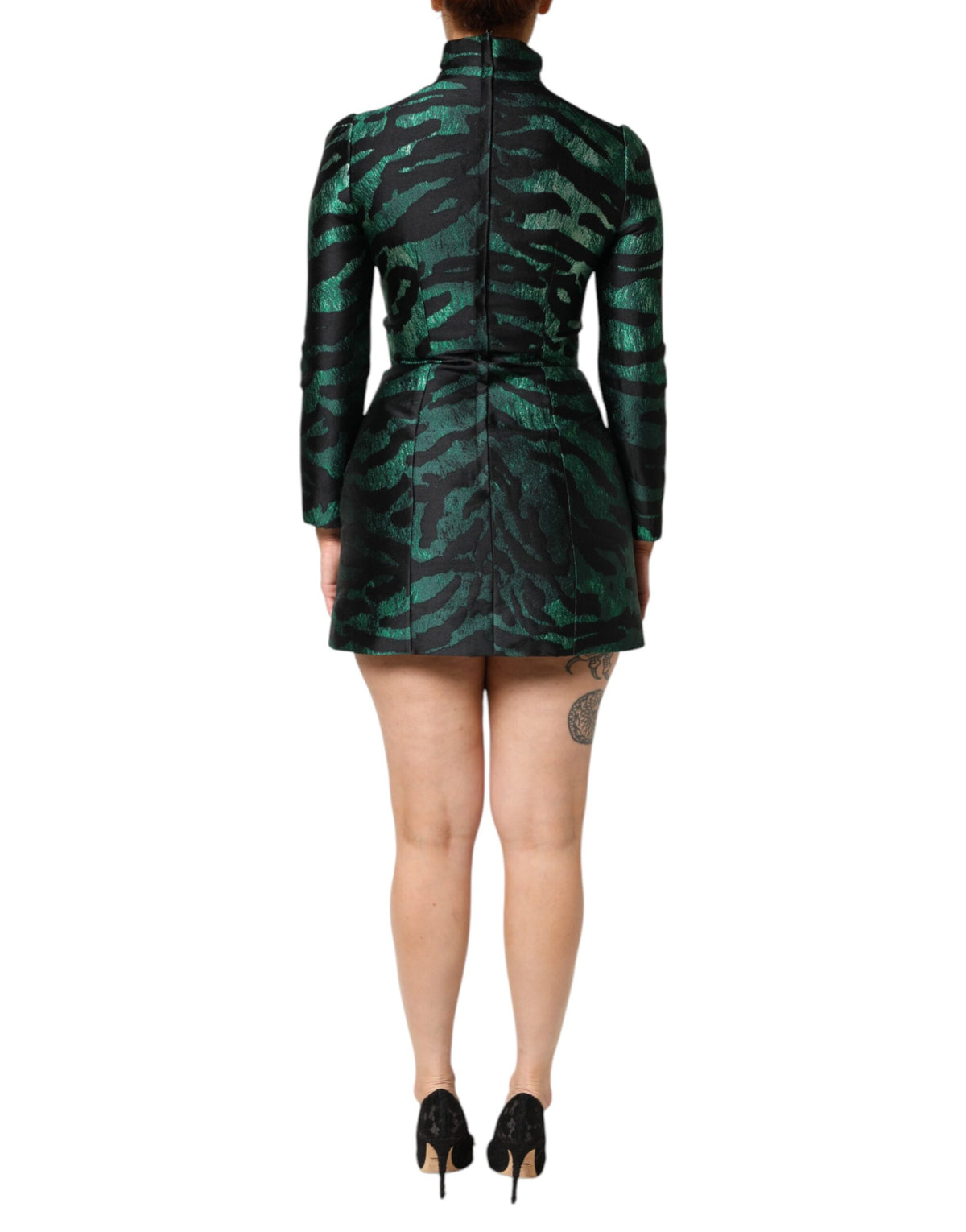 Dolce & Gabbana Zwart Groen Metallic Jacquard Mini Lange Jurk