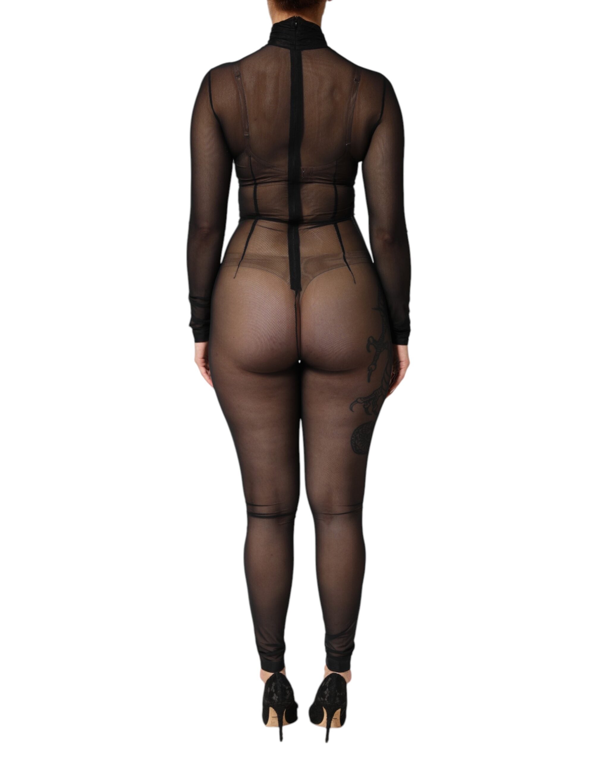 Dolce & Gabbana Schwarzer durchsichtiger Maschenstoff Langarm-Overall Bodysuit Kleid