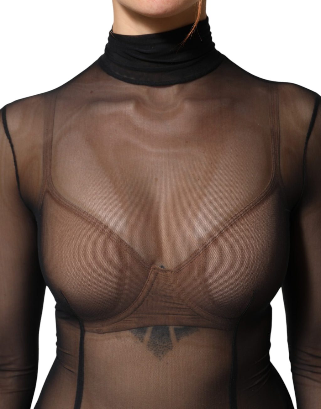 Dolce & Gabbana Schwarzer durchsichtiger Maschenstoff Langarm-Overall Bodysuit Kleid